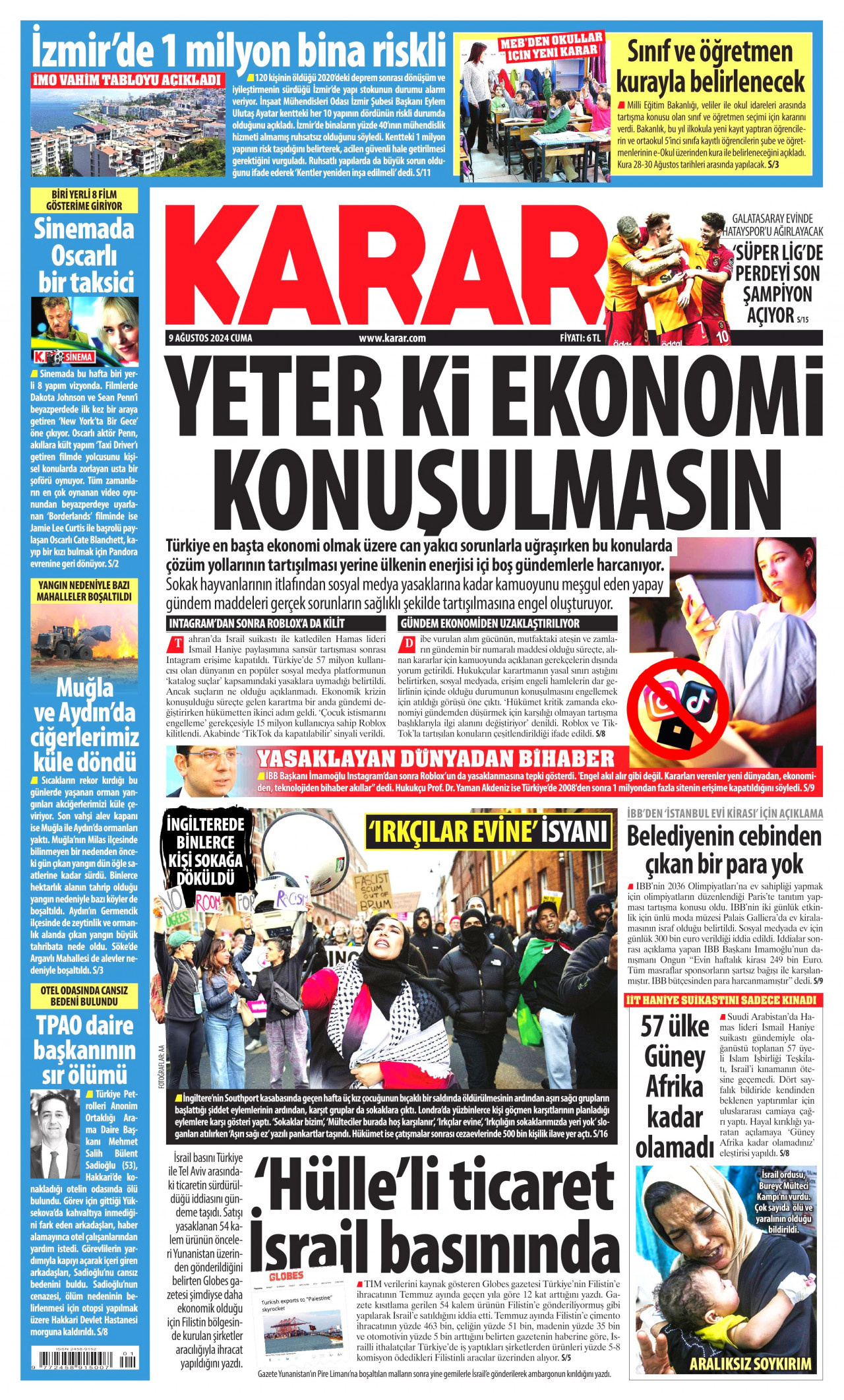 KARAR gazetesinin 9 Ağustos 2024 tarihli birinci sayfası