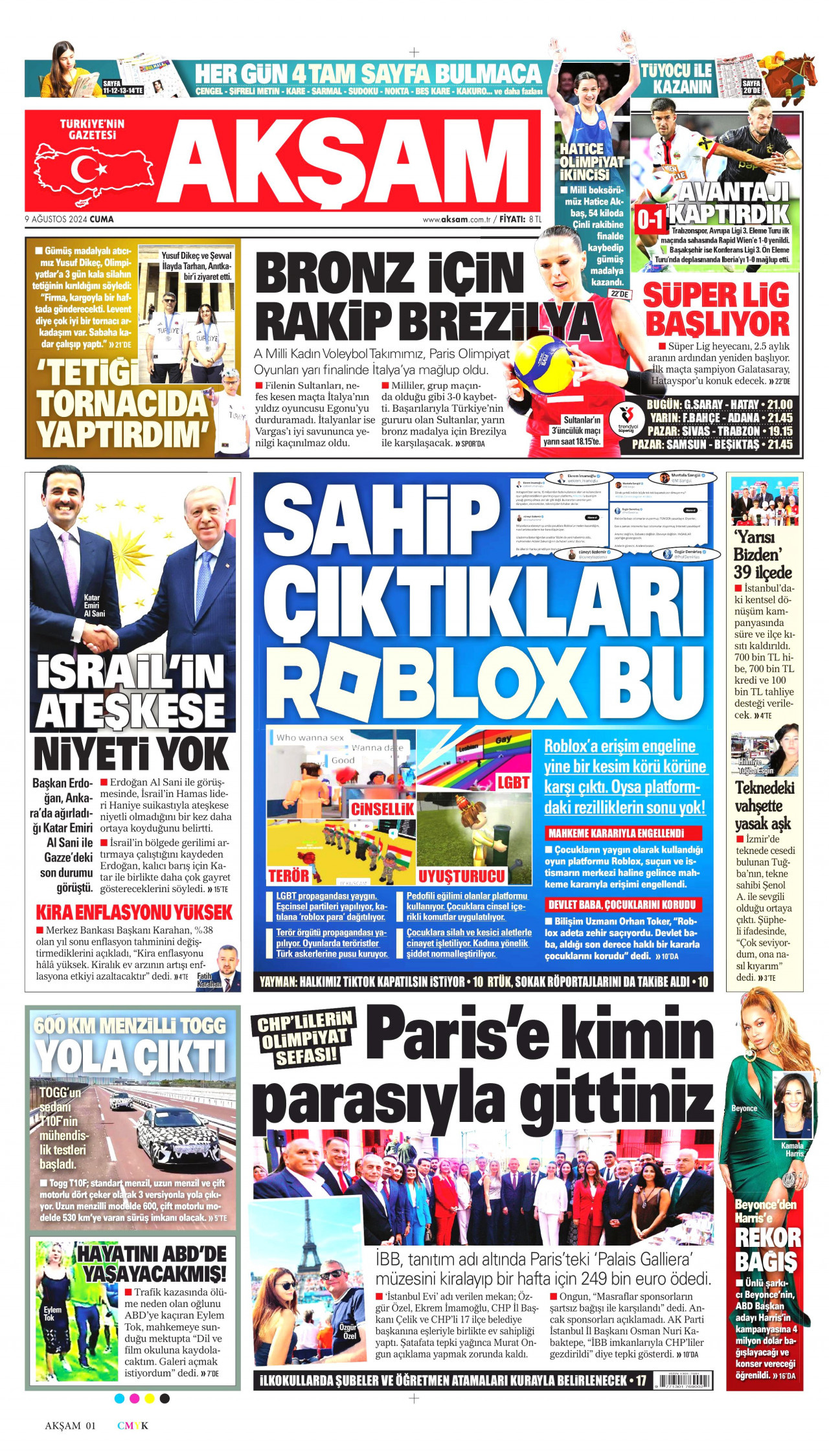 AKŞAM gazetesinin 9 Ağustos 2024 tarihli birinci sayfası