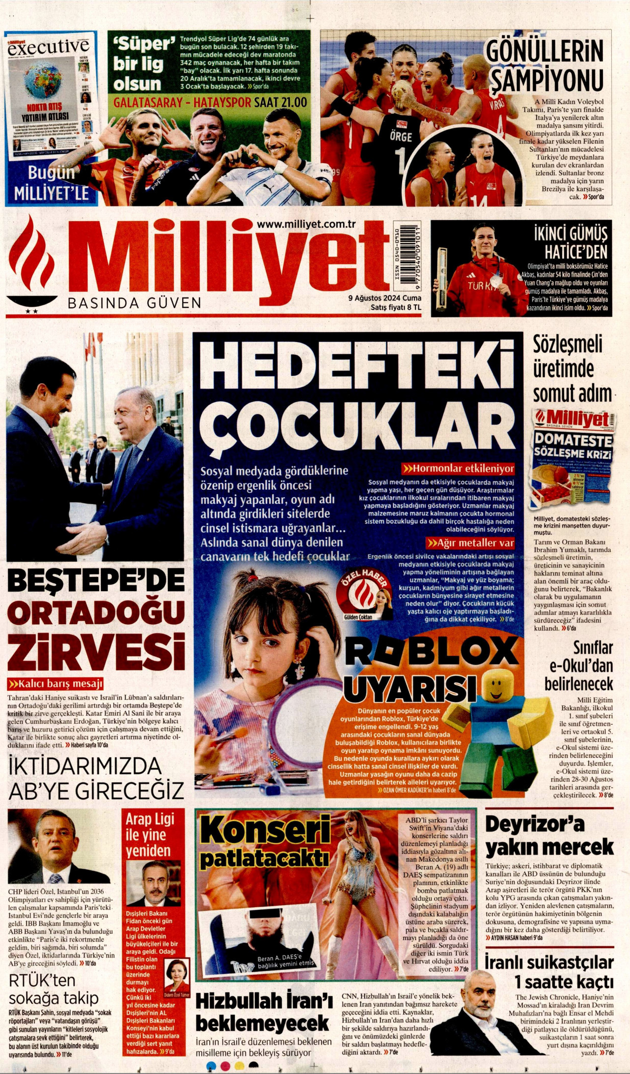 MİLLİYET gazetesinin 9 Ağustos 2024 tarihli birinci sayfası