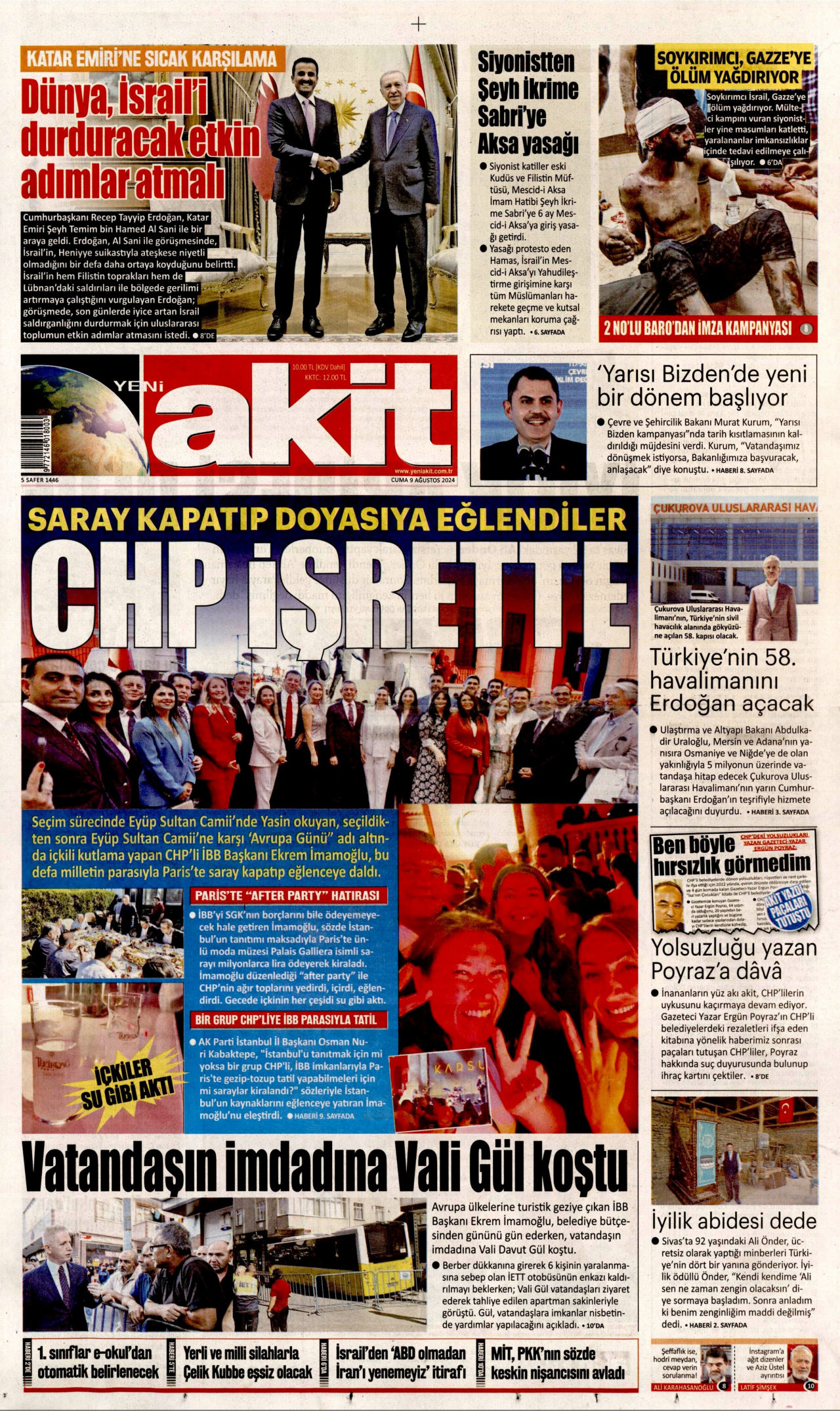 YENİ AKİT gazetesinin 9 Ağustos 2024 tarihli birinci sayfası