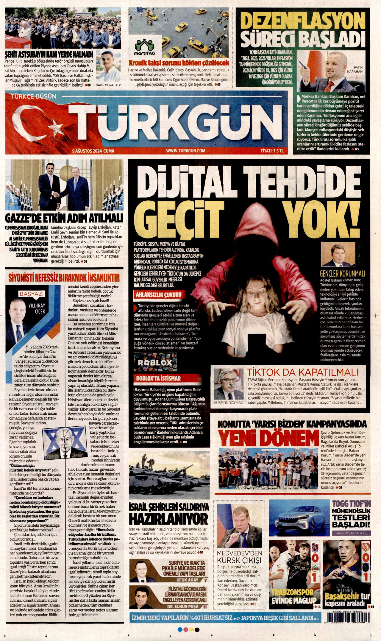 TÜRKGÜN gazetesinin 9 Ağustos 2024 tarihli birinci sayfası