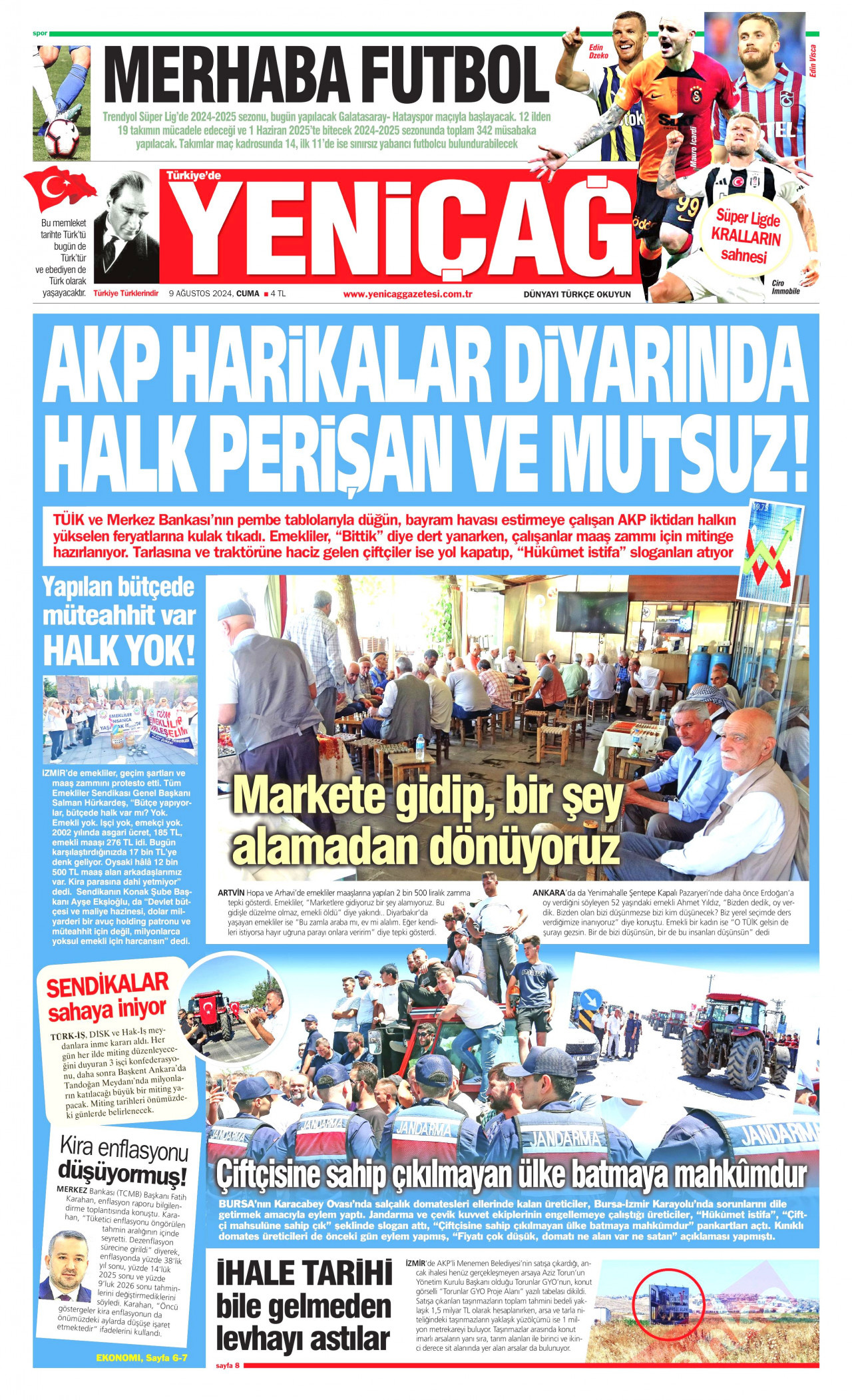 YENİÇAĞ gazetesinin 9 Ağustos 2024 tarihli birinci sayfası