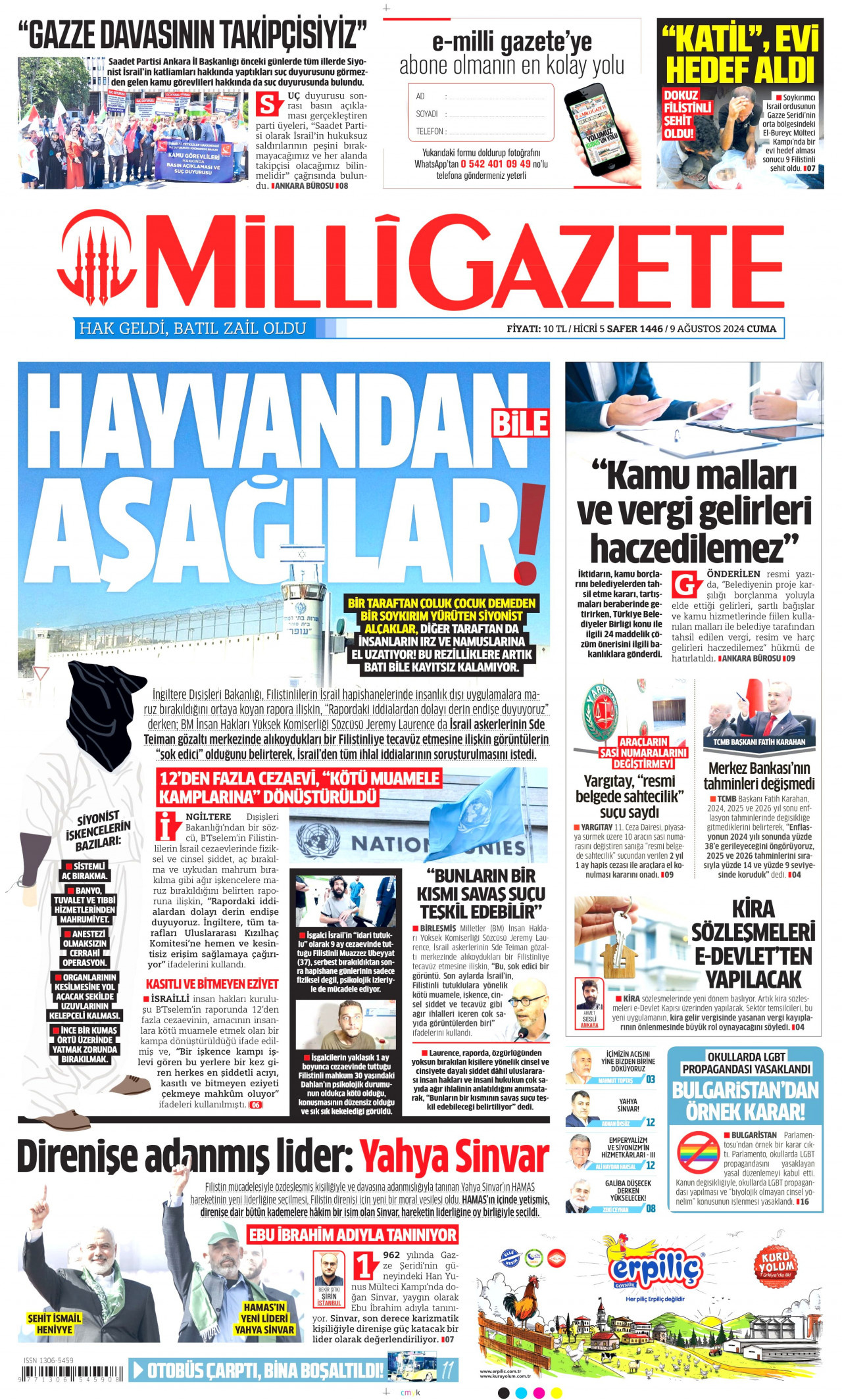 MİLLİ GAZETE gazetesinin 9 Ağustos 2024 tarihli birinci sayfası