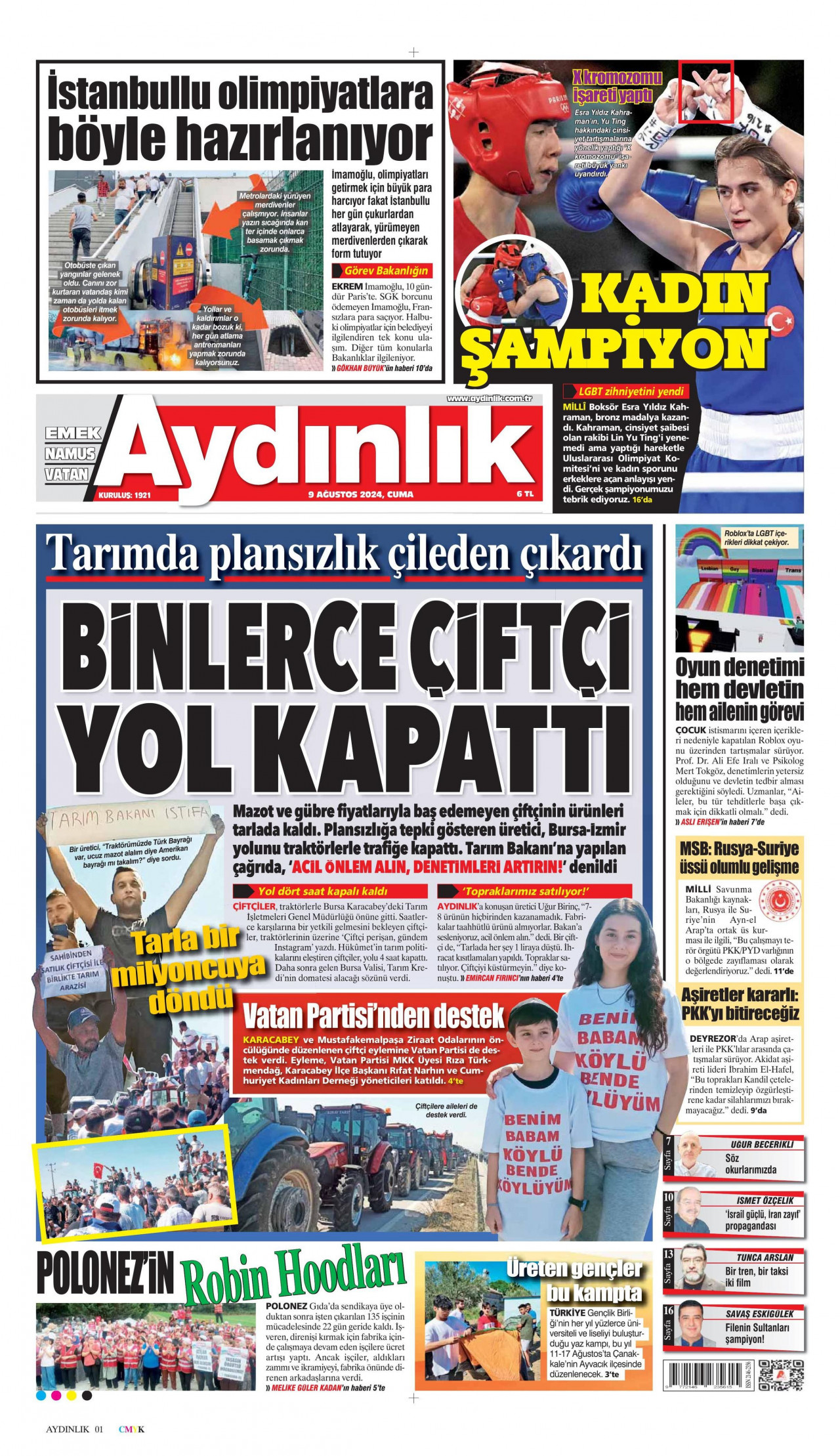 AYDINLIK GAZETESİ gazetesinin 9 Ağustos 2024 tarihli birinci sayfası