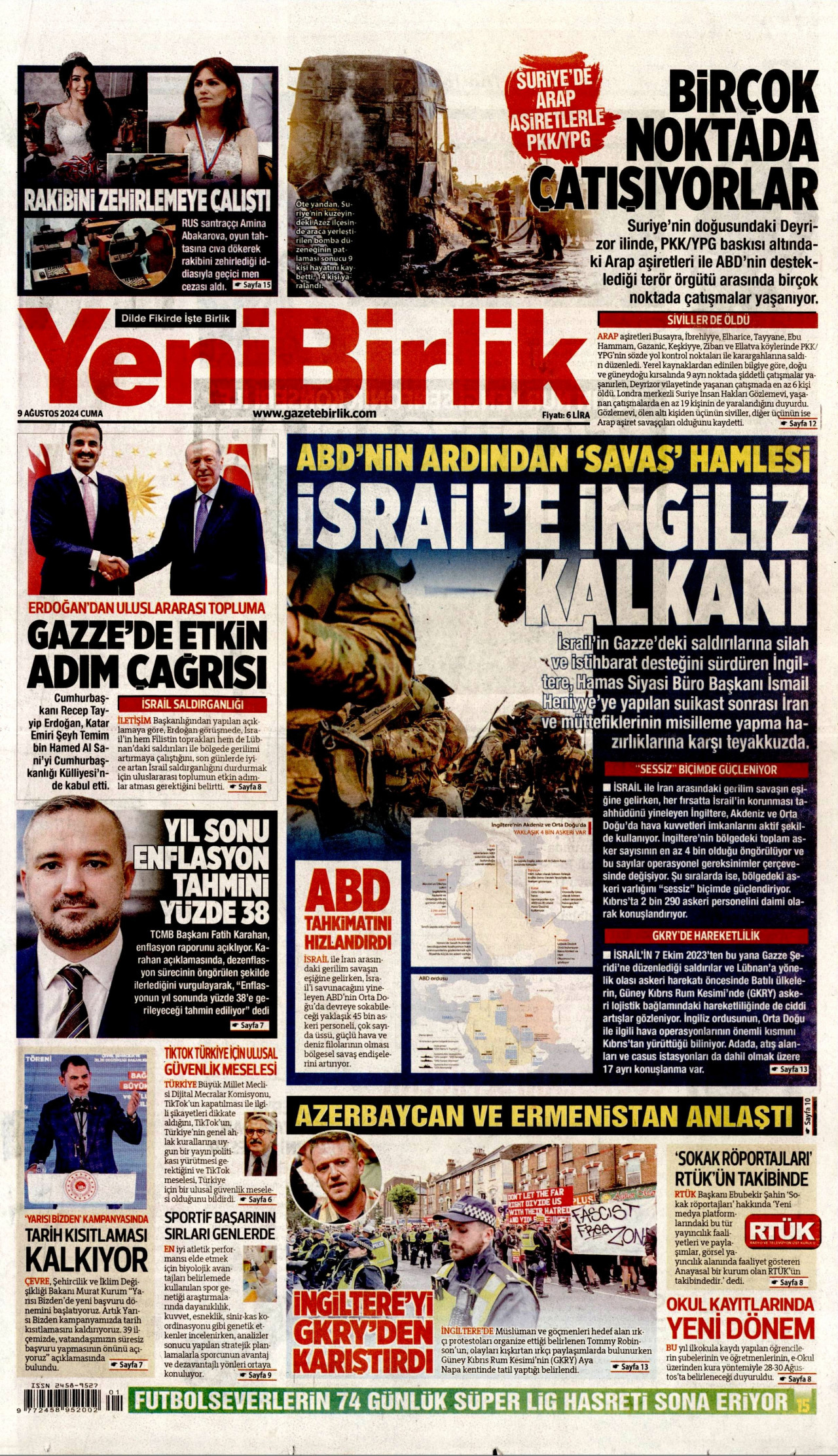 YENİBİRLİK gazetesinin 9 Ağustos 2024 tarihli birinci sayfası