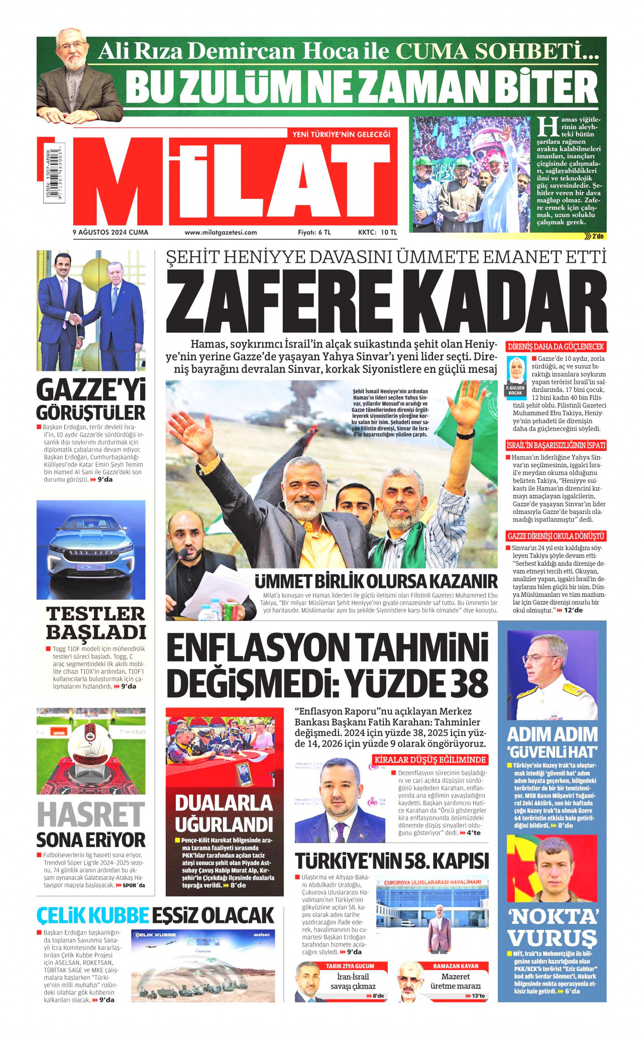 MİLAT gazetesinin 9 Ağustos 2024 tarihli birinci sayfası