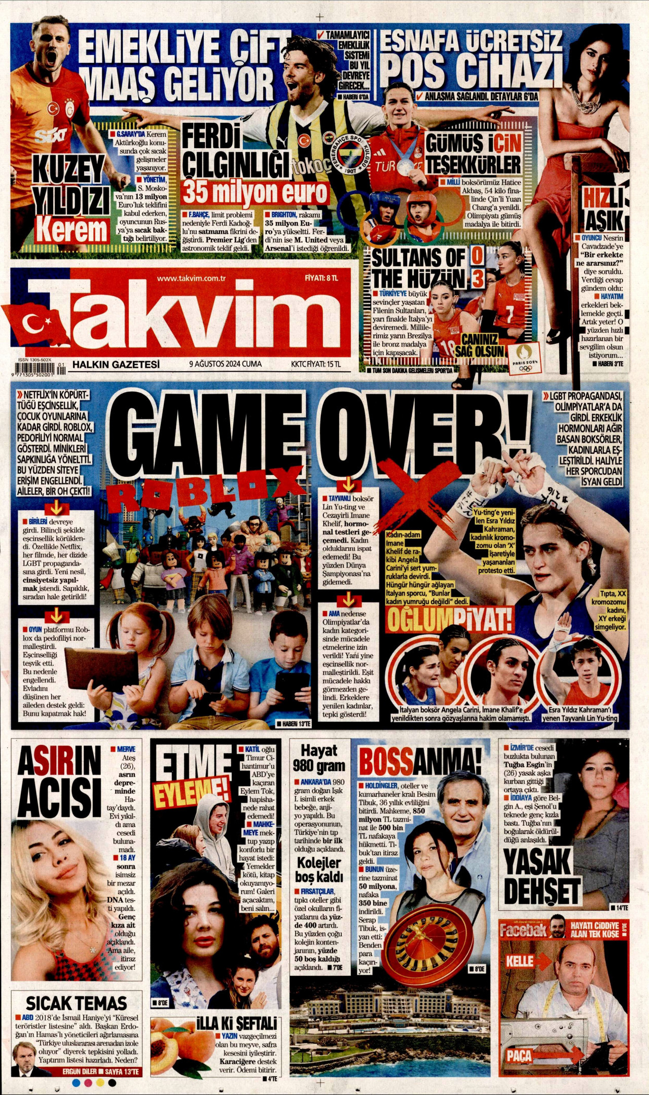 TAKVİM gazetesinin 9 Ağustos 2024 tarihli birinci sayfası