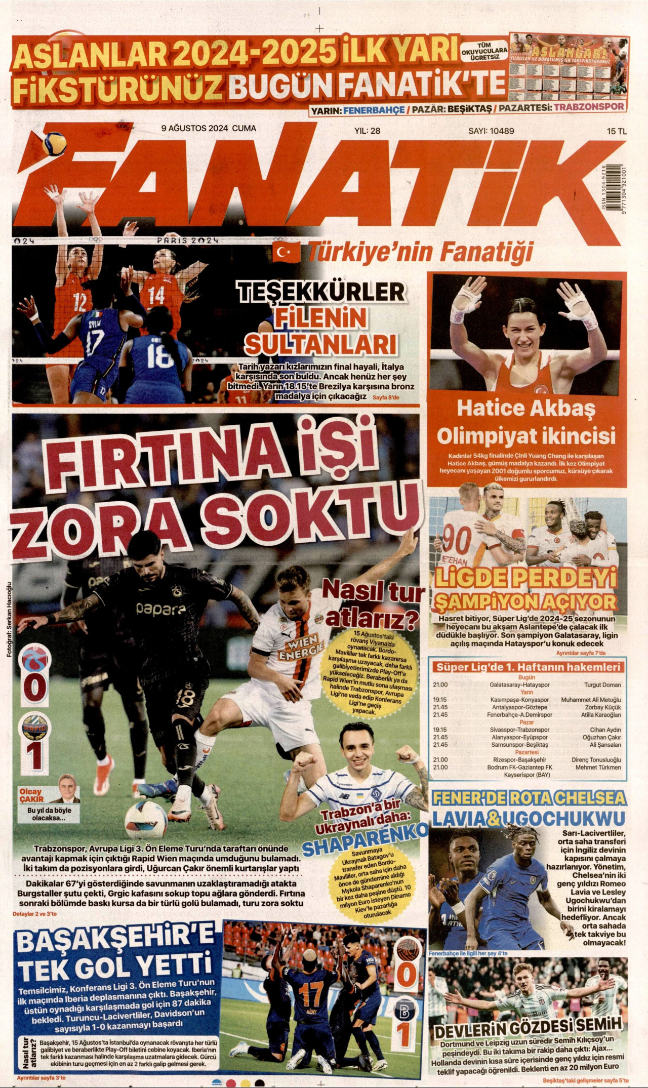 FANATİK gazetesinin 9 Ağustos 2024 tarihli birinci sayfası