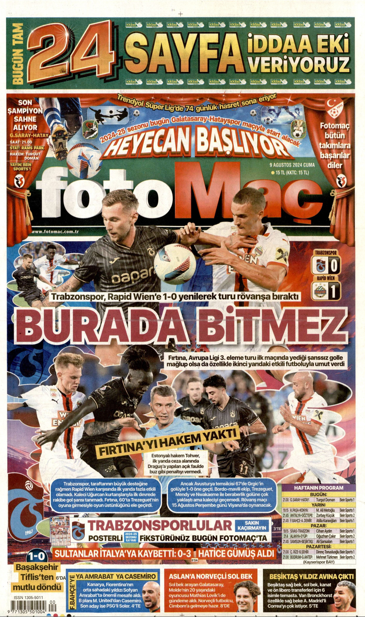 FOTOMAÇ gazetesinin 9 Ağustos 2024 tarihli birinci sayfası