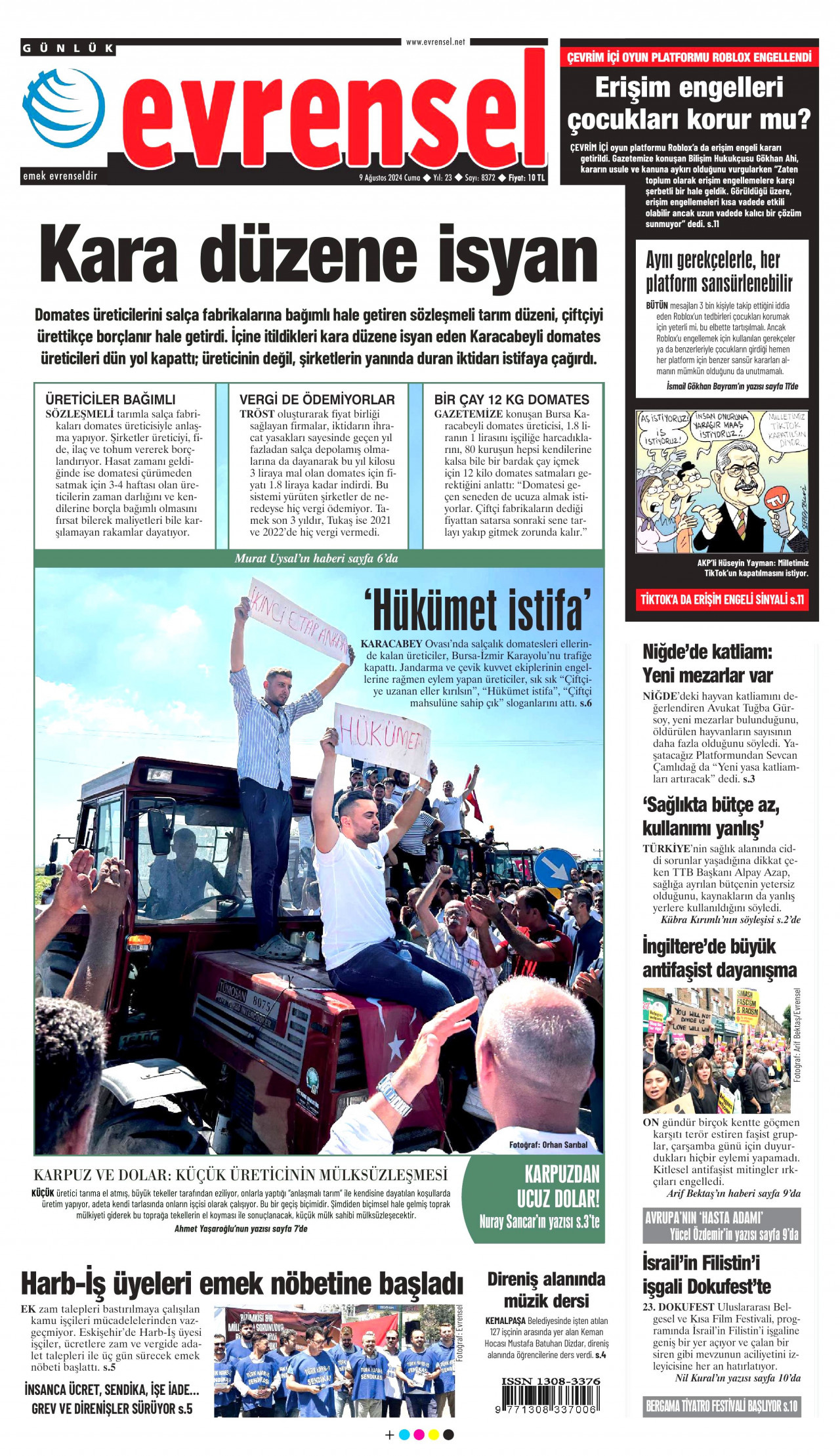 EVRENSEL gazetesinin 9 Ağustos 2024 tarihli birinci sayfası