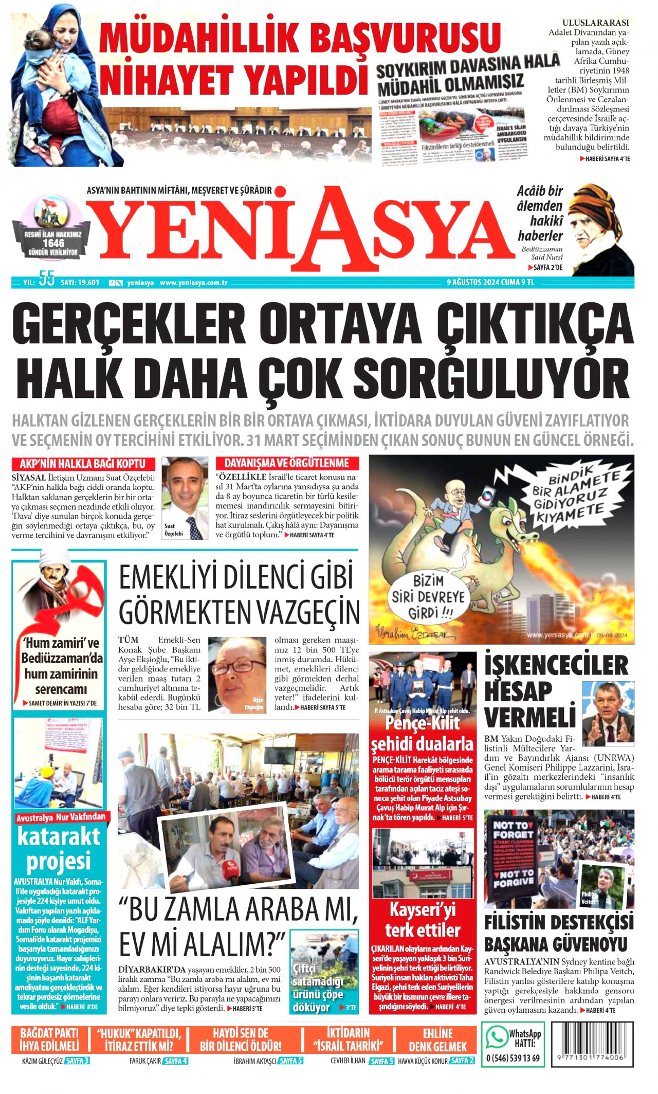 YENİ ASYA gazetesinin 9 Ağustos 2024 tarihli birinci sayfası