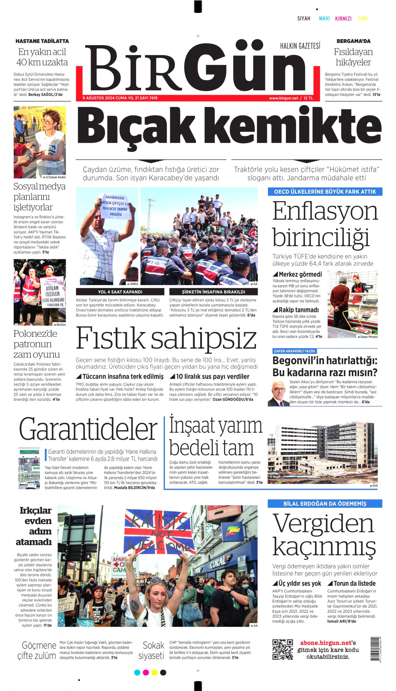 BİRGÜN gazetesinin 9 Ağustos 2024 tarihli birinci sayfası