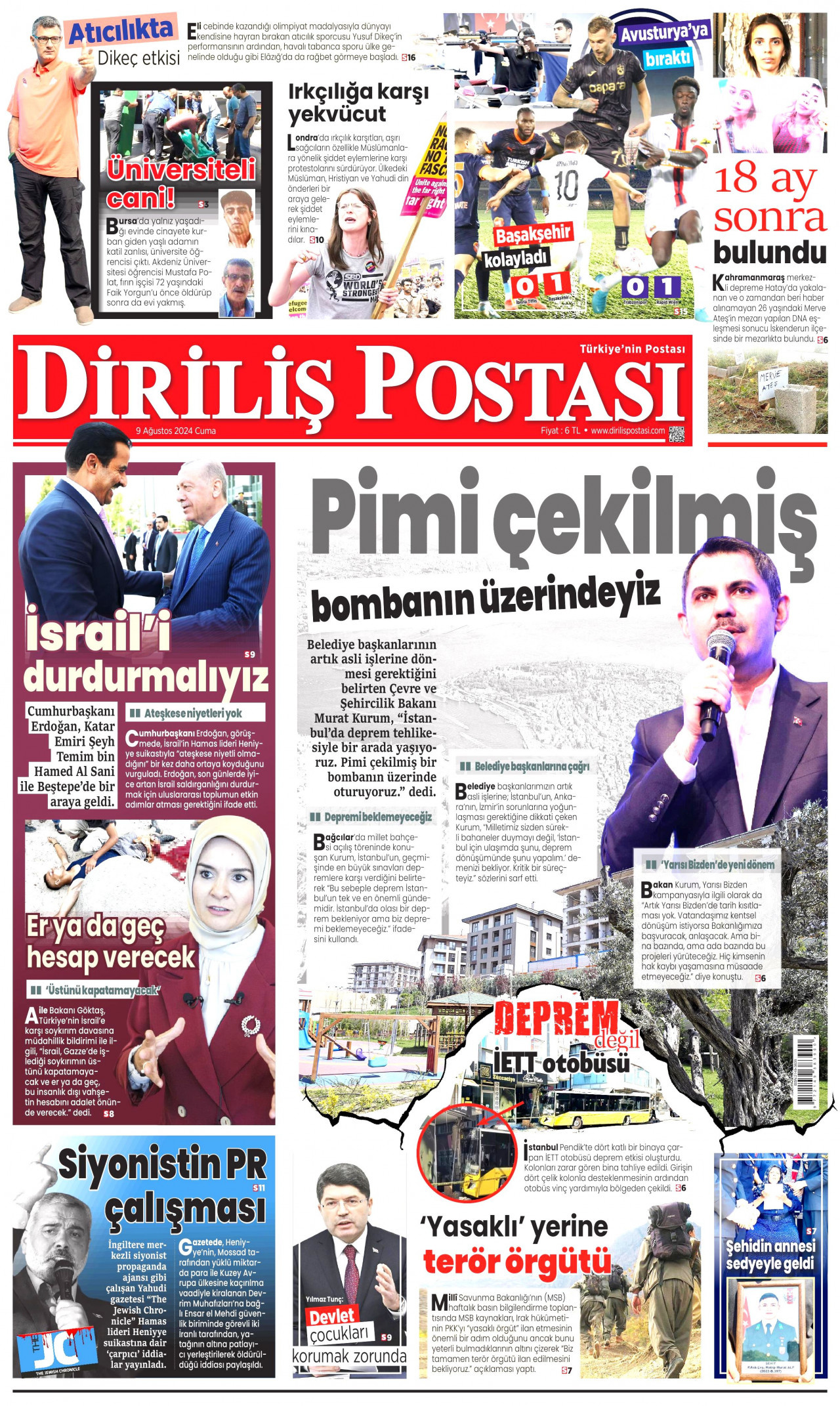 DİRİLİŞ POSTASI gazetesinin 9 Ağustos 2024 tarihli birinci sayfası