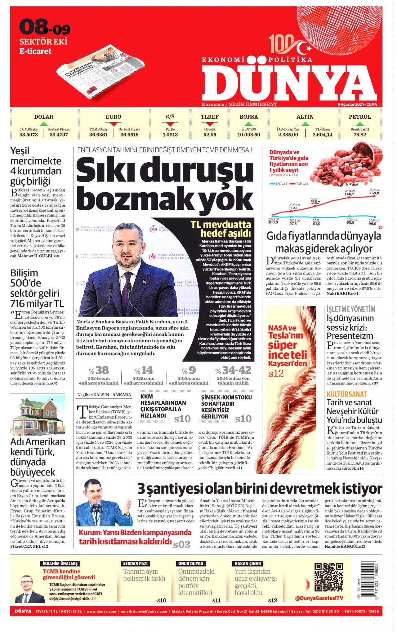 DÜNYA gazetesinin 9 Ağustos 2024 tarihli birinci sayfası