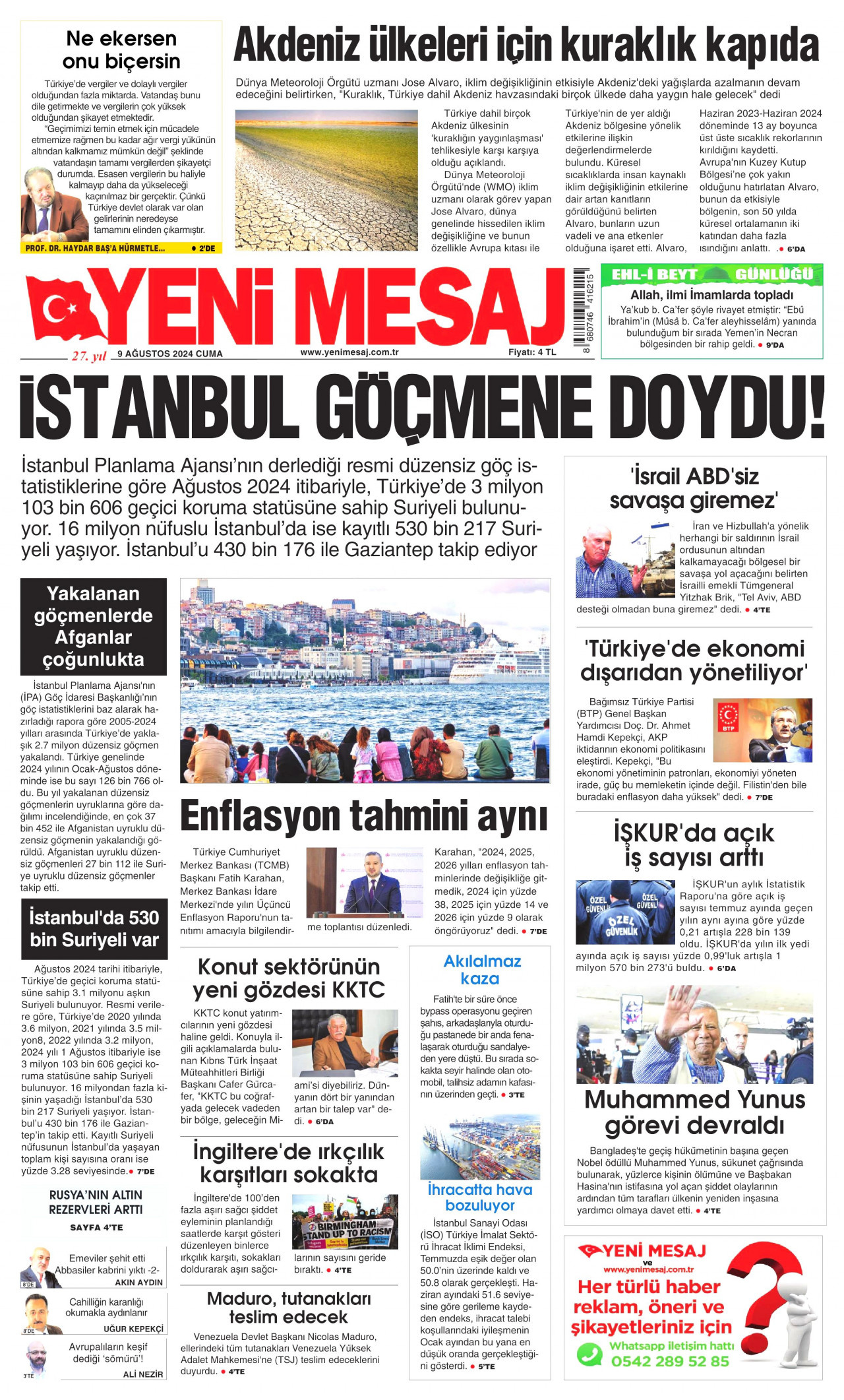 YENİ MESAJ gazetesinin 9 Ağustos 2024 tarihli birinci sayfası