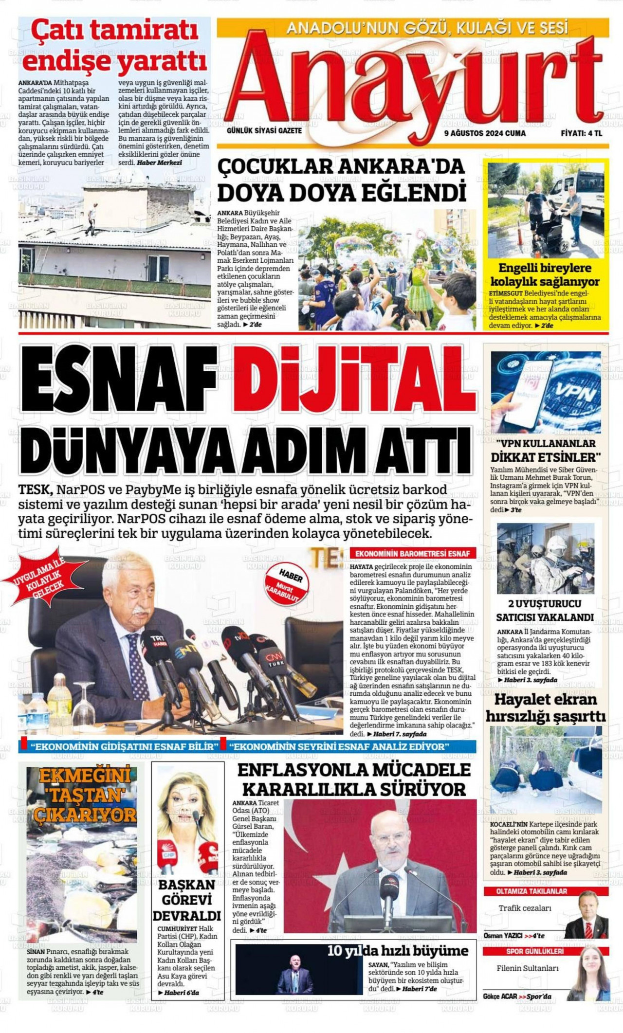 ANAYURT gazetesinin 9 Ağustos 2024 tarihli birinci sayfası