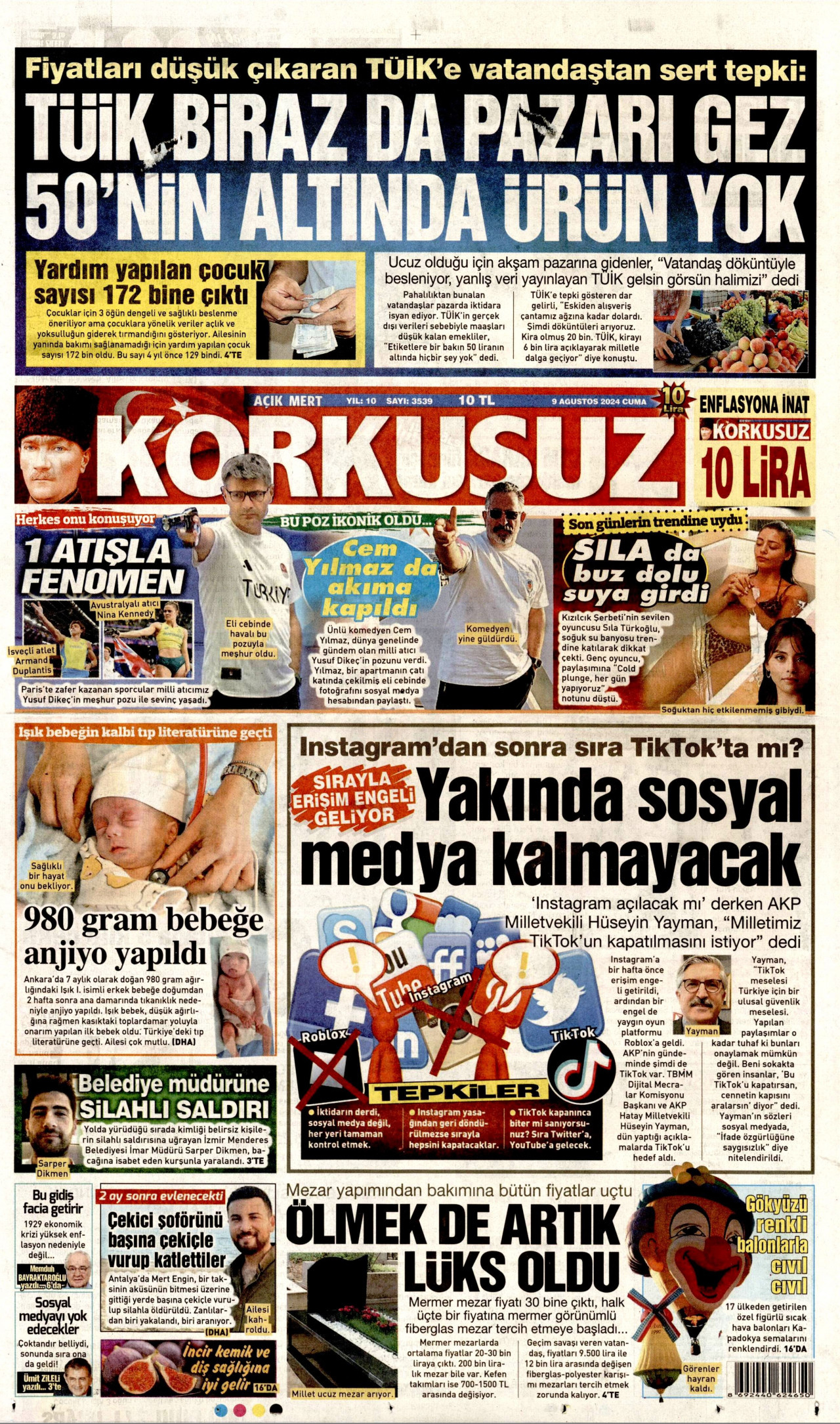 KORKUSUZ gazetesinin 9 Ağustos 2024 tarihli birinci sayfası
