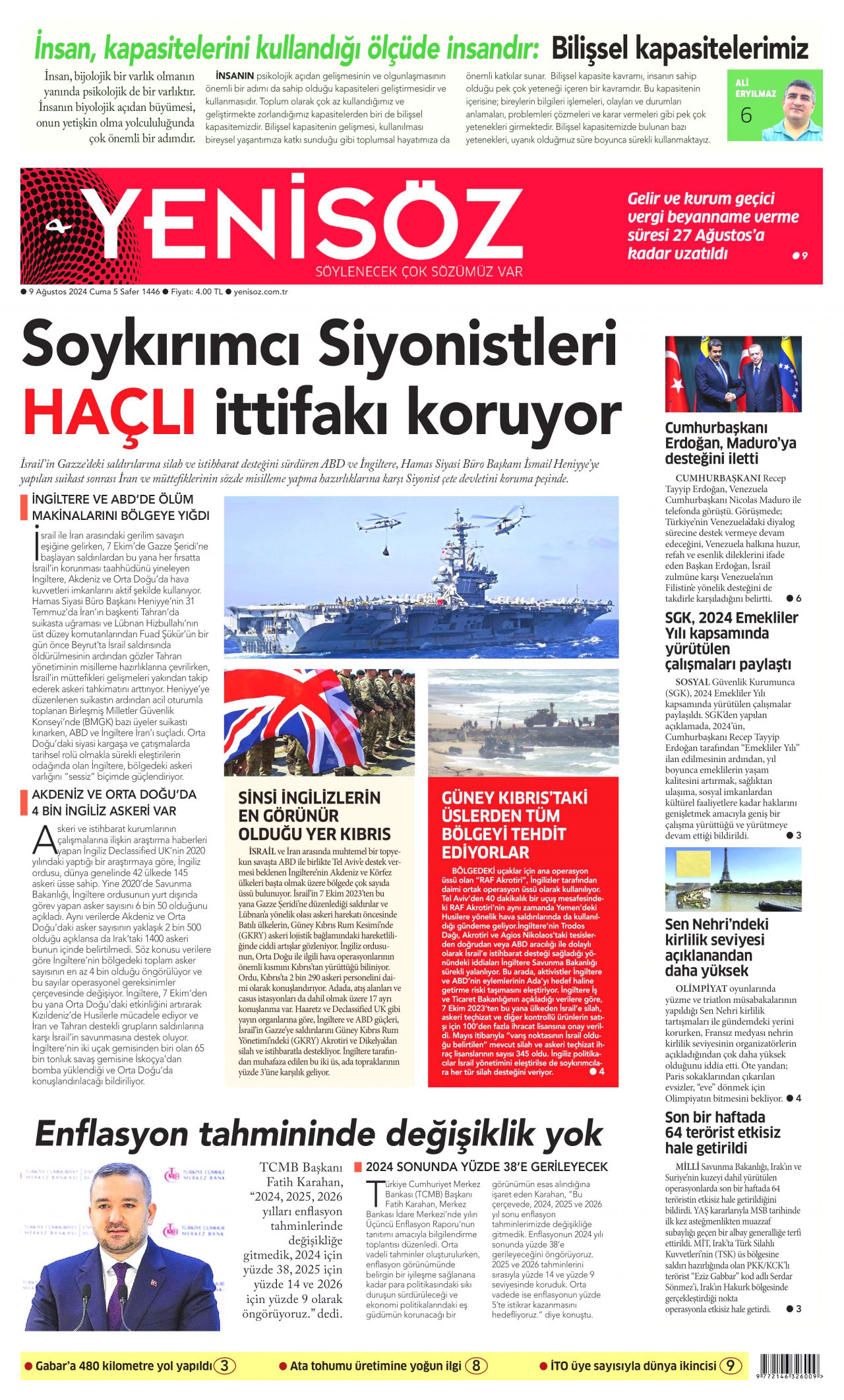 YENİ SÖZ GAZETESİ gazetesinin 9 Ağustos 2024 tarihli birinci sayfası