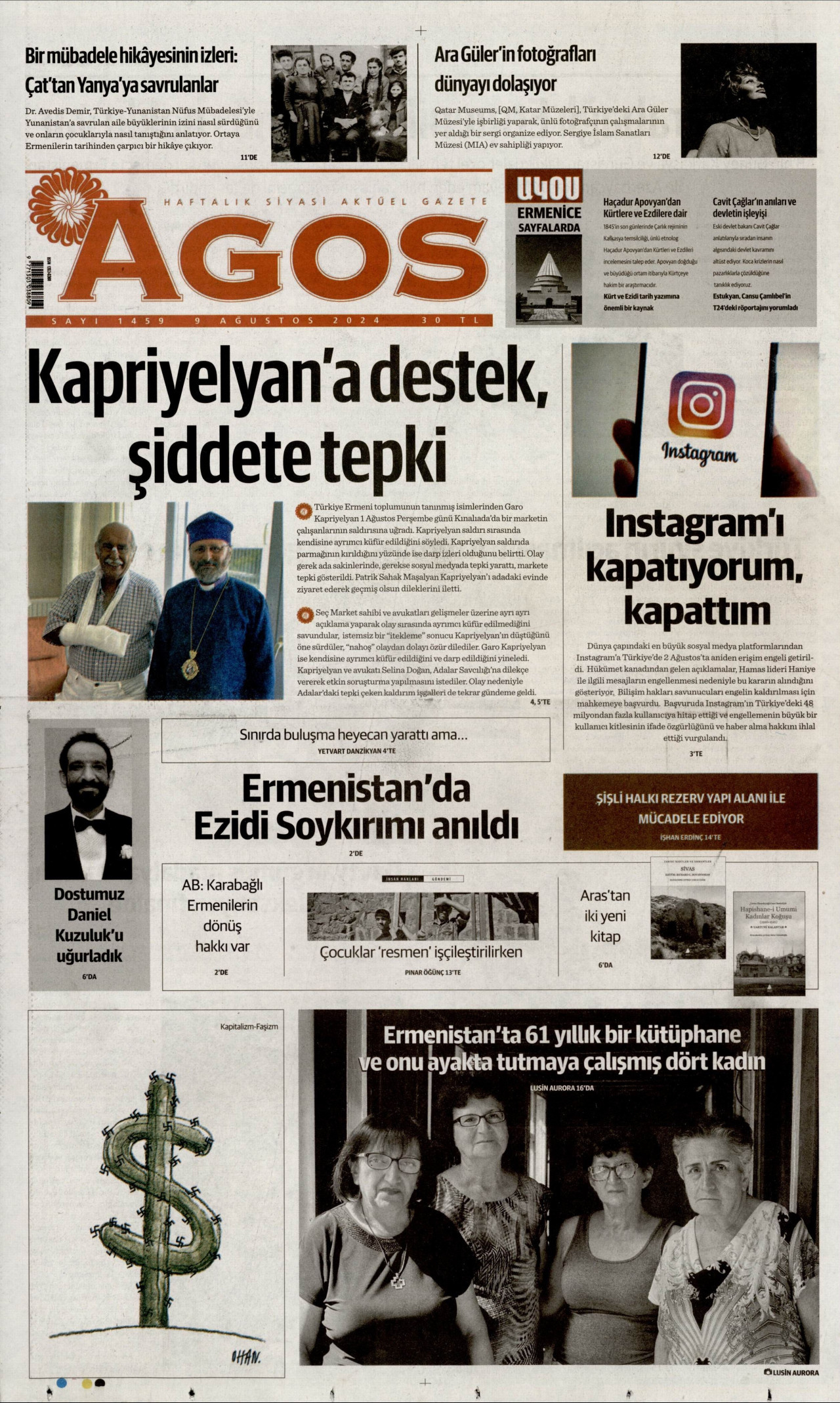 AGOS gazetesinin 9 Ağustos 2024 tarihli birinci sayfası