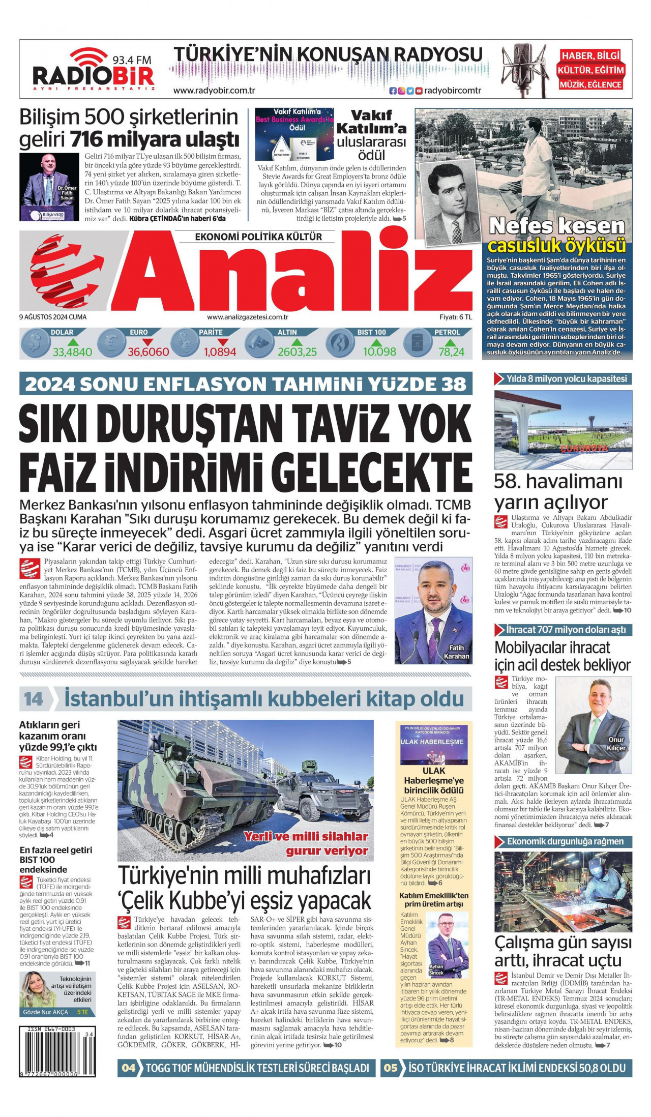 ANALİZ gazetesinin 9 Ağustos 2024 tarihli birinci sayfası