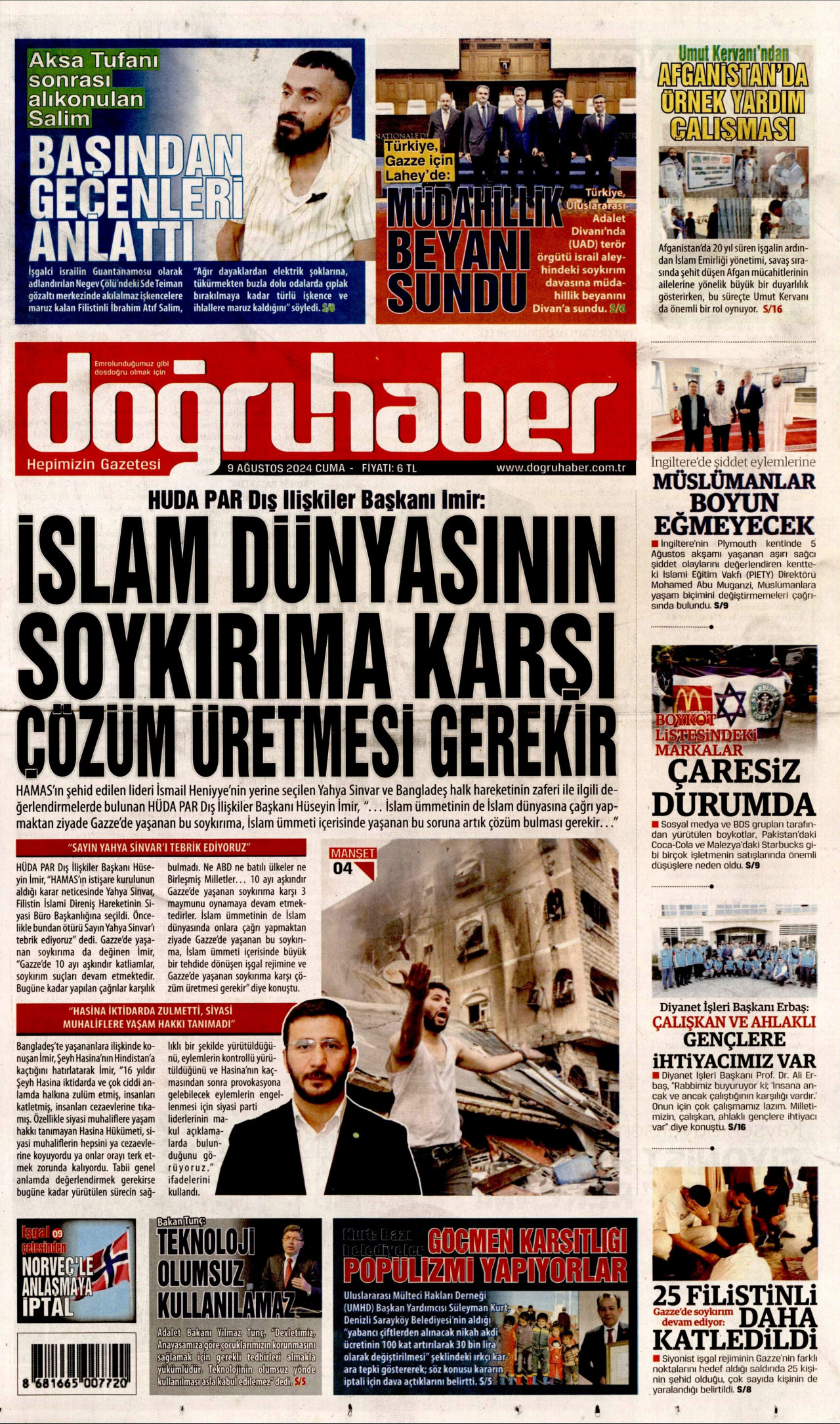 DOĞRU HABER gazetesinin 9 Ağustos 2024 tarihli birinci sayfası