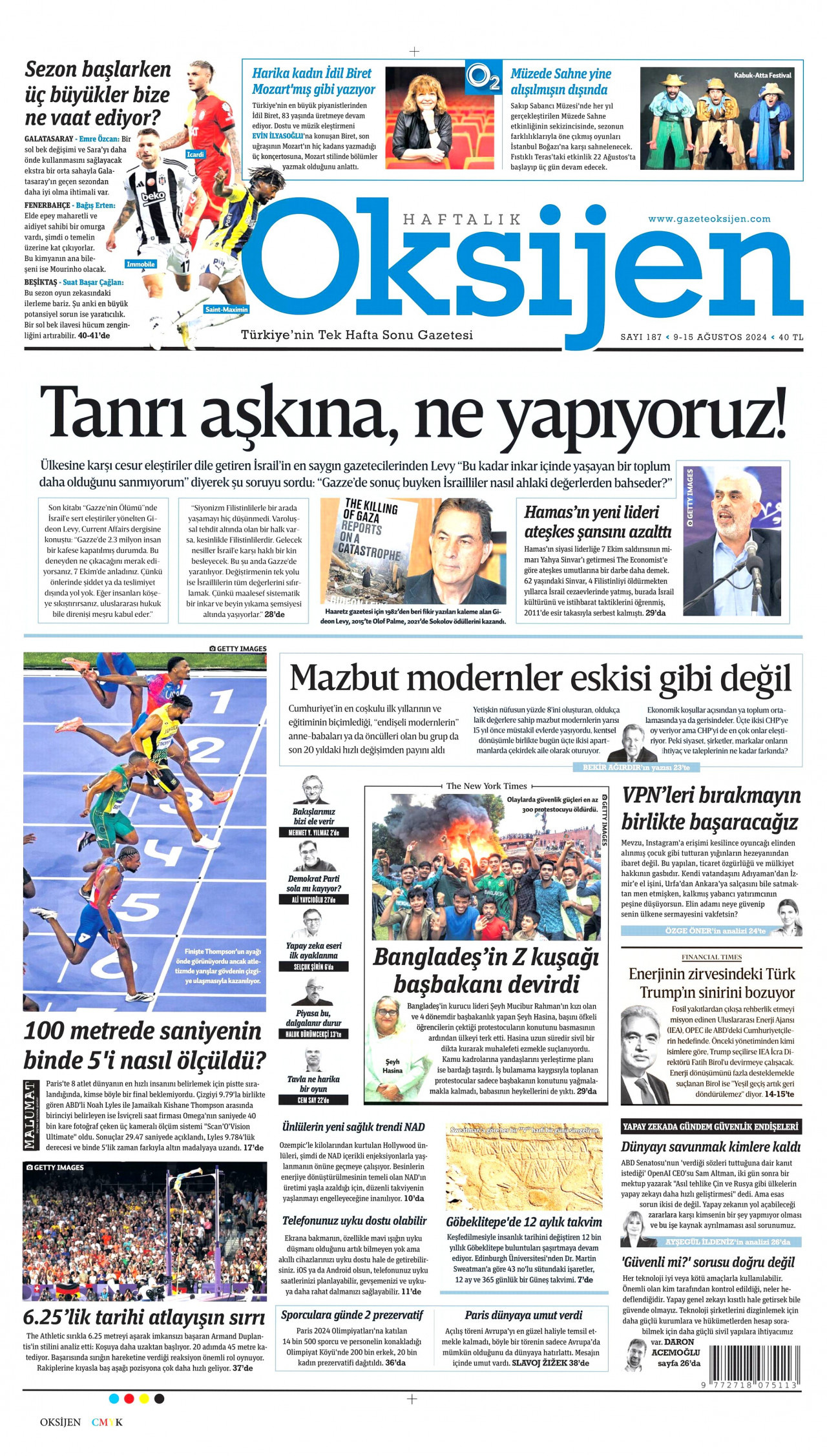 OKSİJEN gazetesinin 9 Ağustos 2024 tarihli birinci sayfası