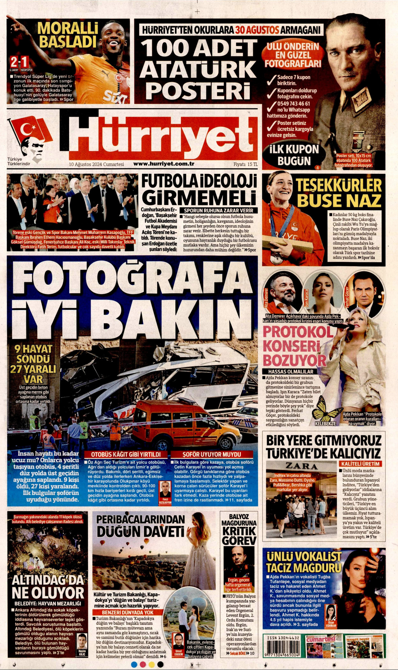 HÜRRİYET gazetesinin 10 Ağustos 2024 tarihli birinci sayfası