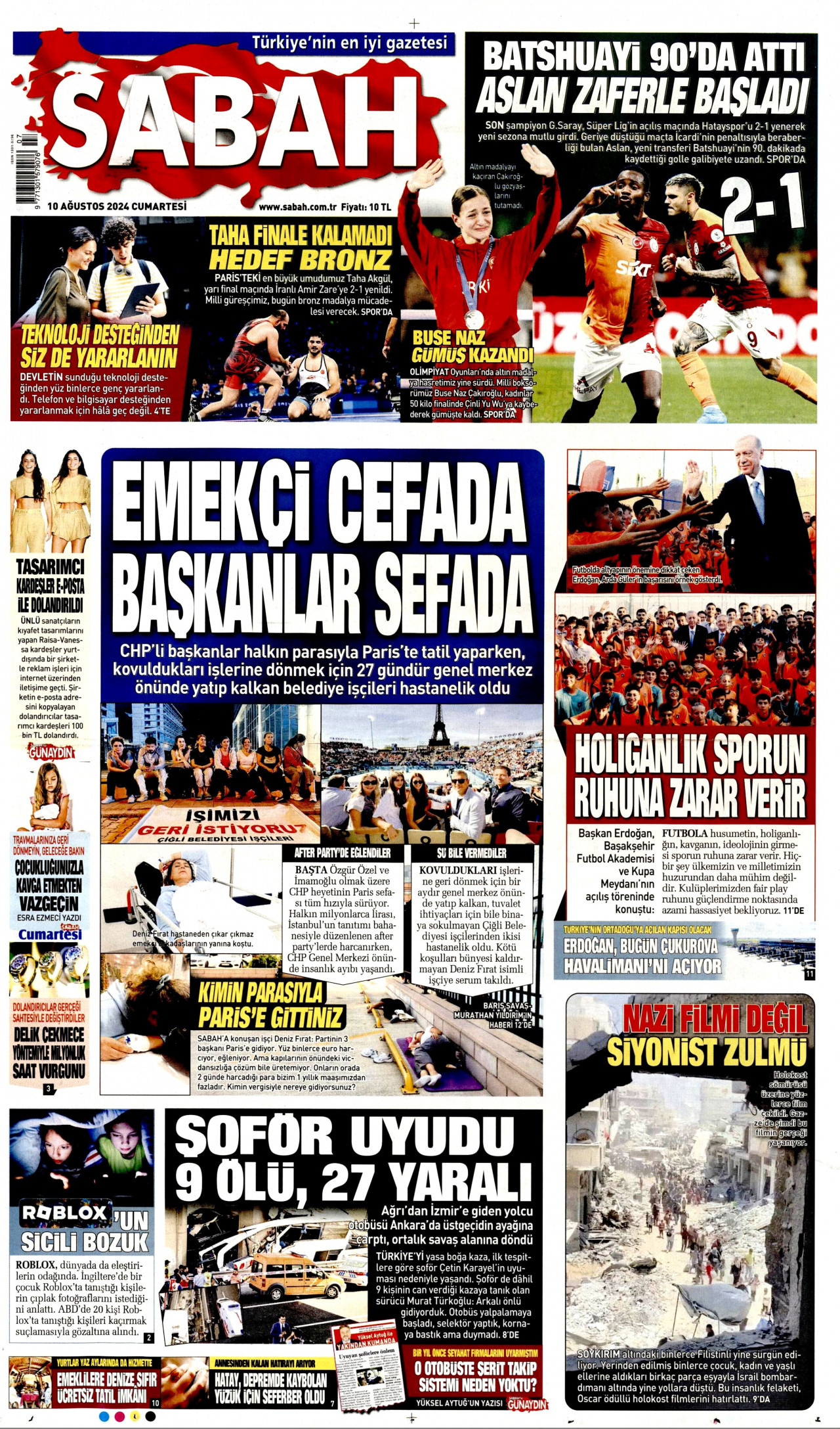 SABAH gazetesinin 10 Ağustos 2024 tarihli birinci sayfası