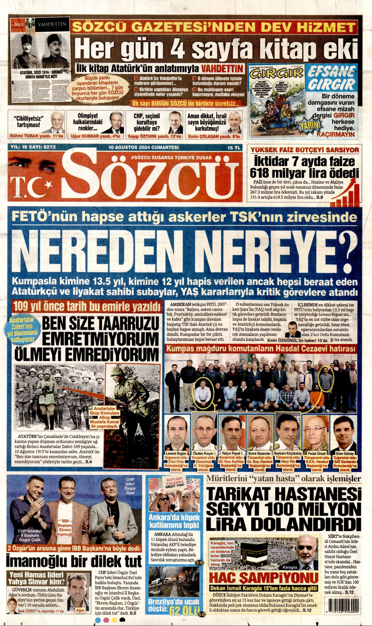 SÖZCÜ gazetesinin 10 Ağustos 2024 tarihli birinci sayfası
