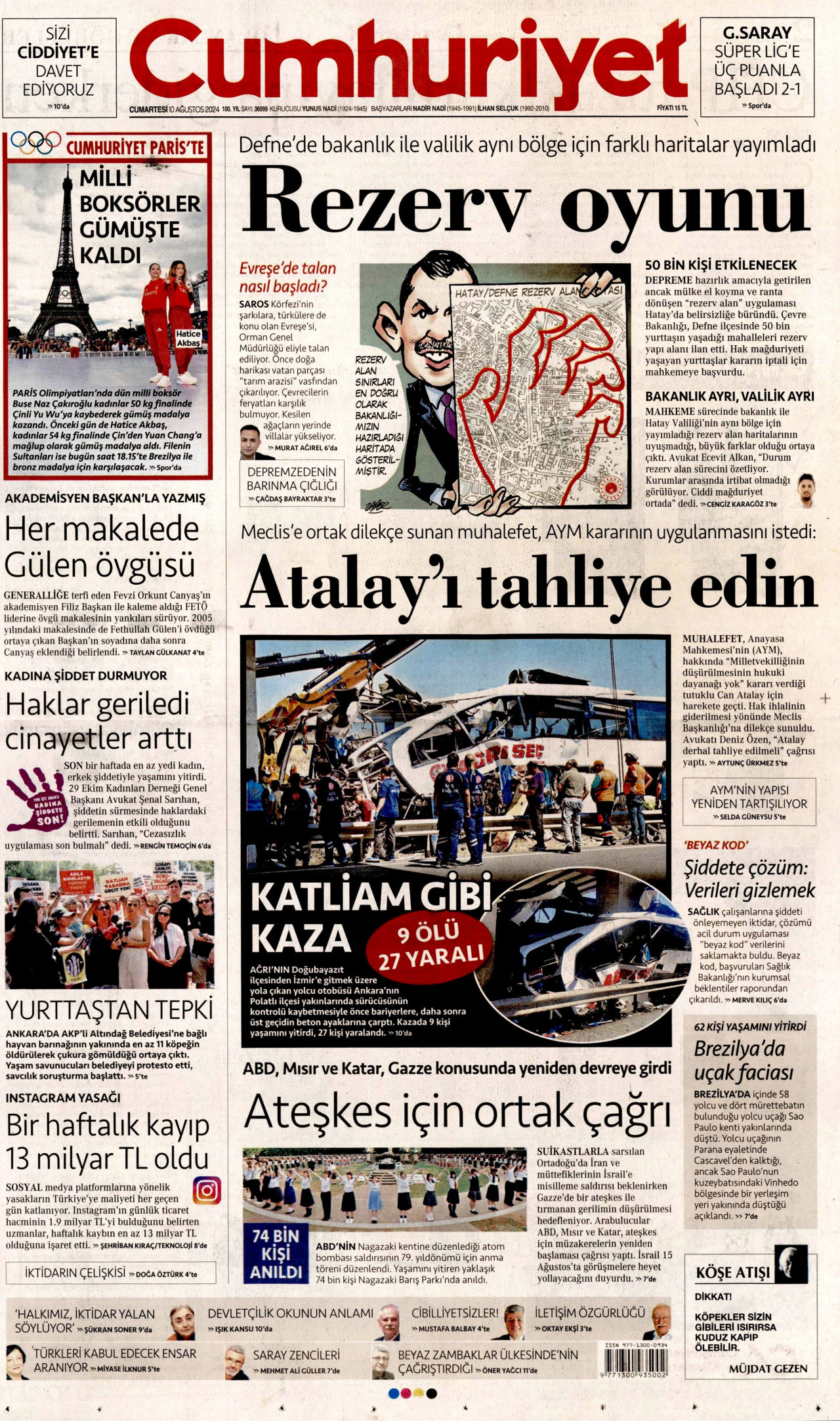 CUMHURİYET gazetesinin 10 Ağustos 2024 tarihli birinci sayfası