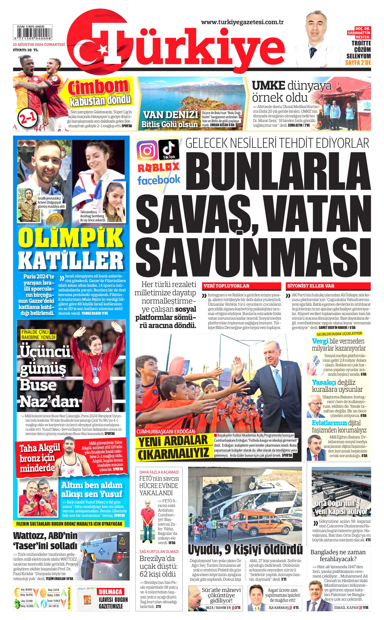 TÜRKİYE GAZETESİ gazetesinin 10 Ağustos 2024 tarihli birinci sayfası