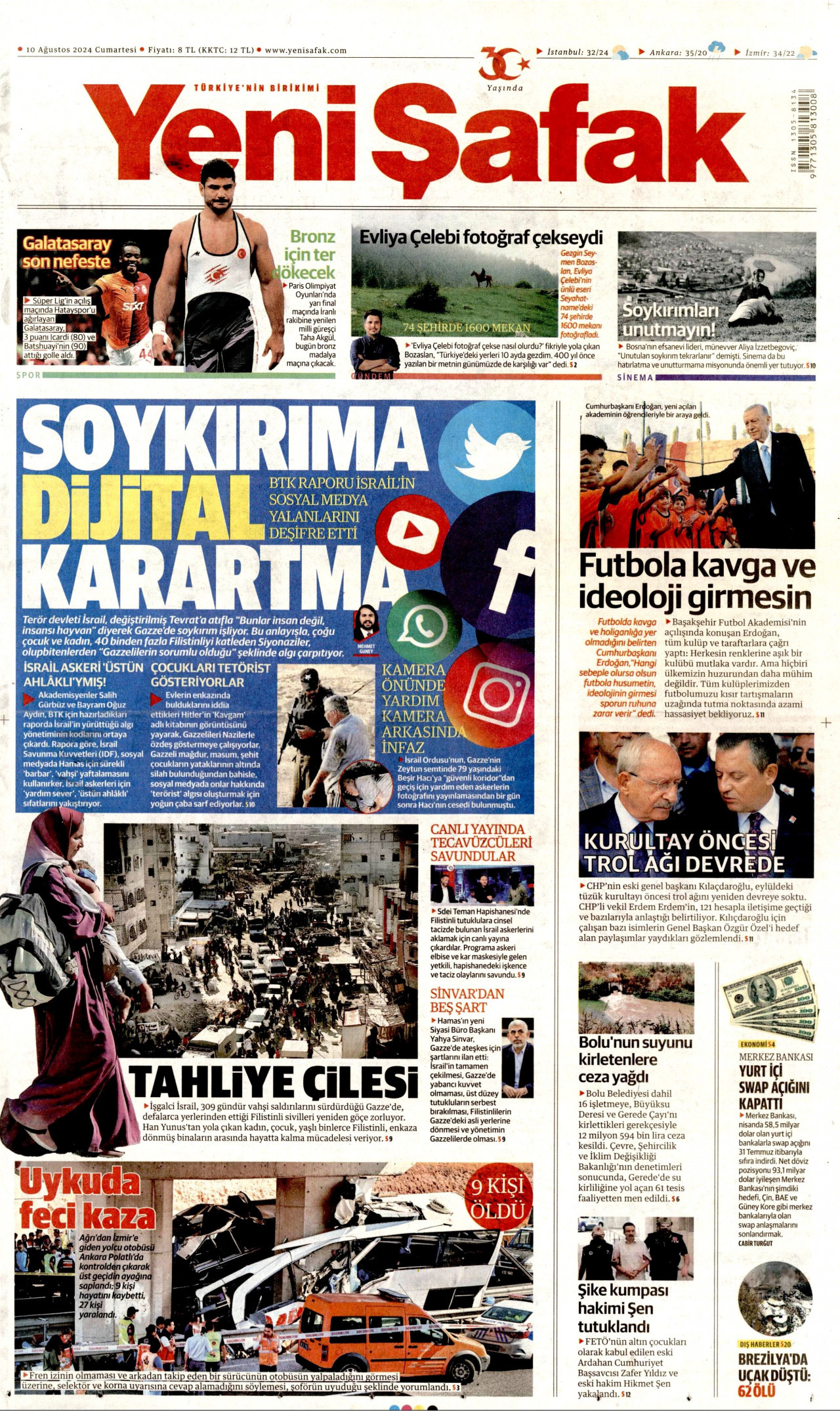 YENİ ŞAFAK gazetesinin 10 Ağustos 2024 tarihli birinci sayfası