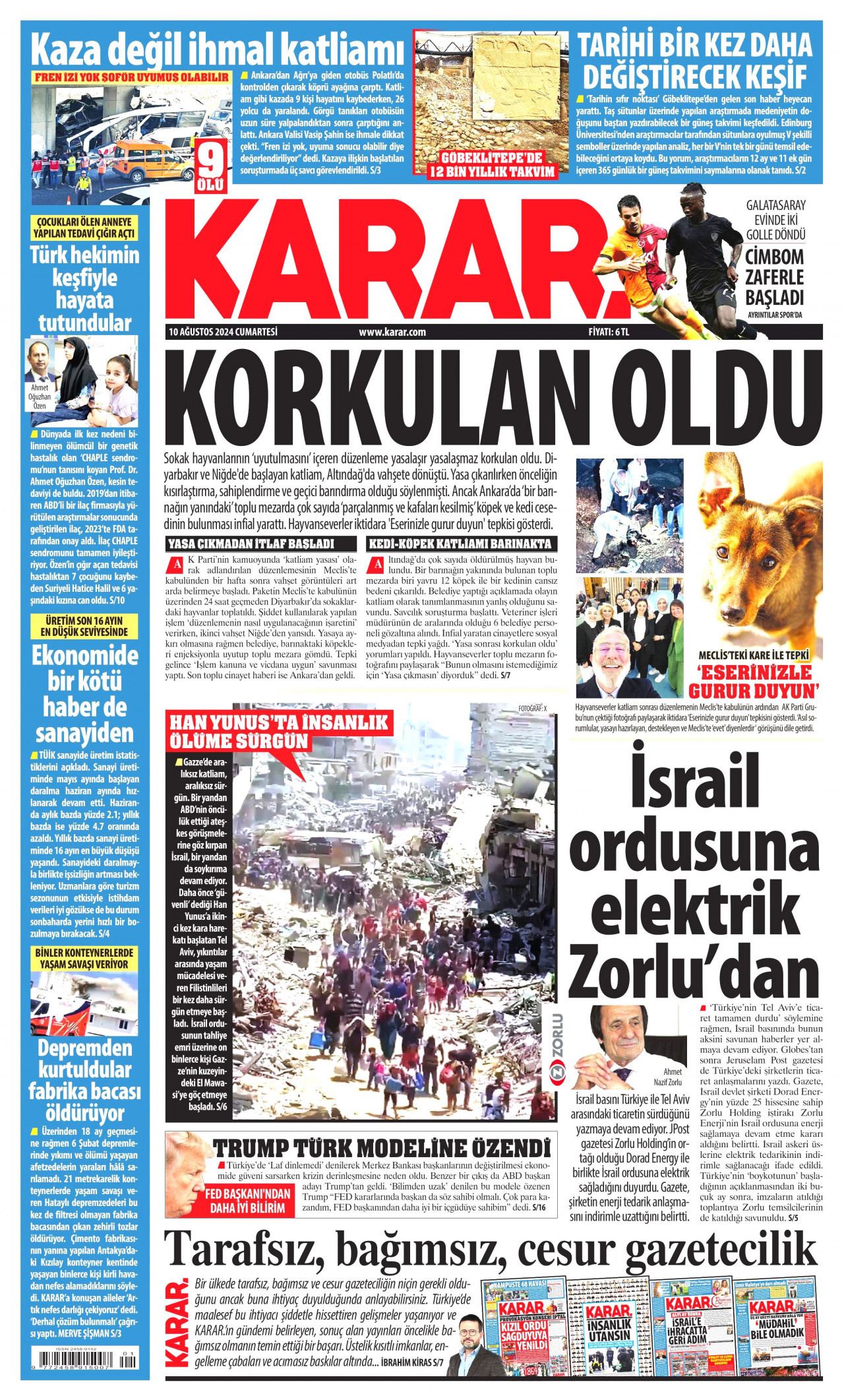 KARAR gazetesinin 10 Ağustos 2024 tarihli birinci sayfası