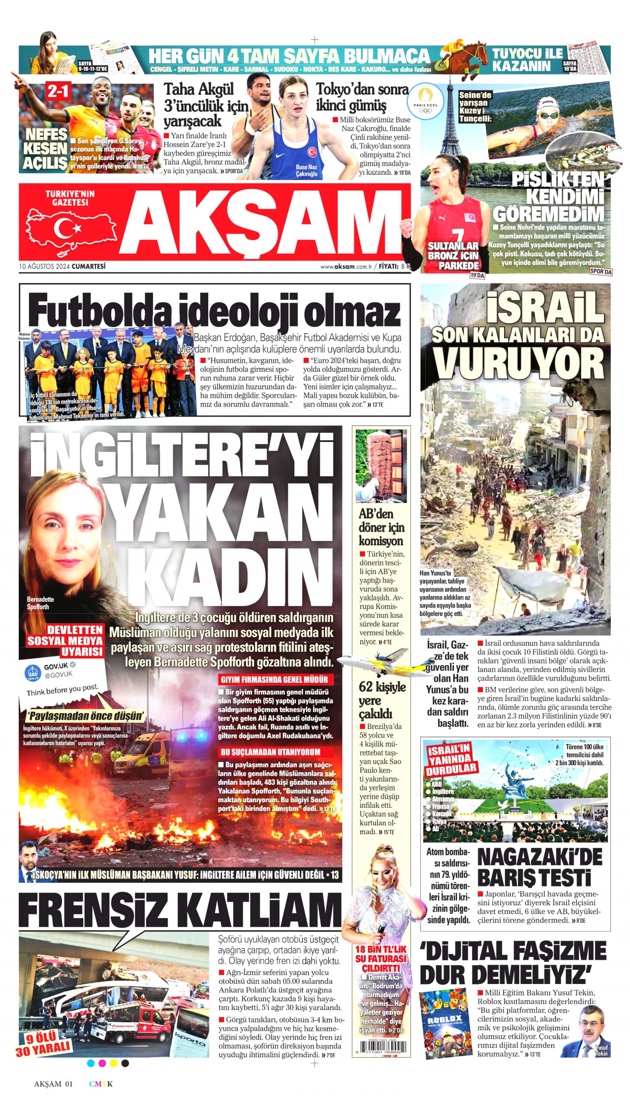 AKŞAM gazetesinin 10 Ağustos 2024 tarihli birinci sayfası