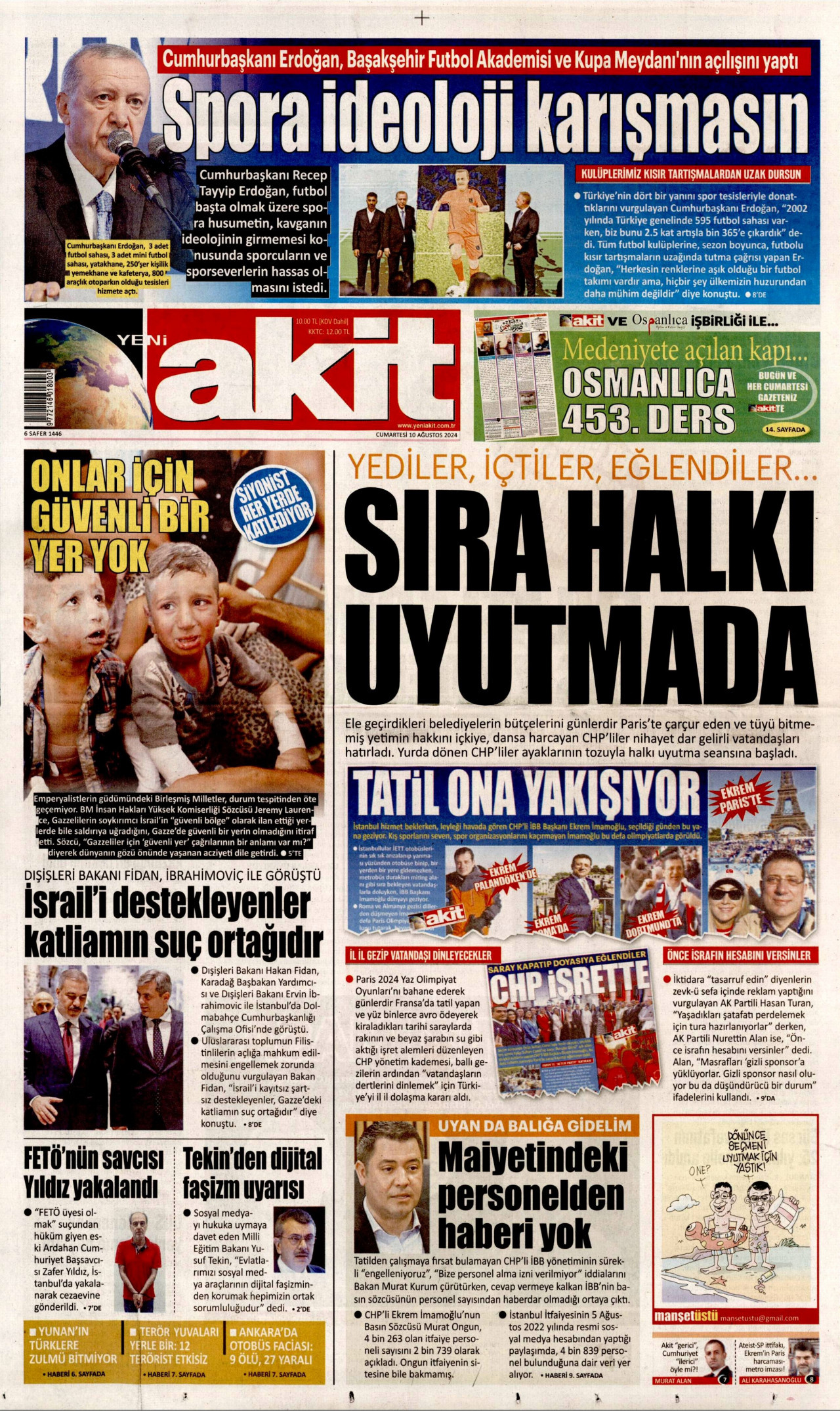 YENİ AKİT gazetesinin 10 Ağustos 2024 tarihli birinci sayfası