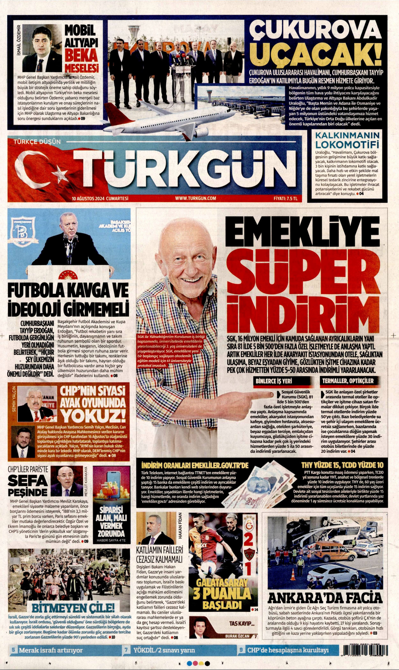 TÜRKGÜN gazetesinin 10 Ağustos 2024 tarihli birinci sayfası