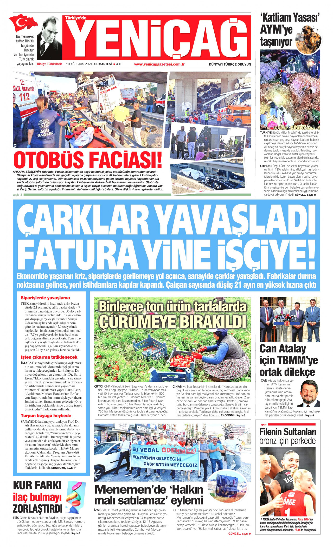 YENİÇAĞ gazetesinin 10 Ağustos 2024 tarihli birinci sayfası