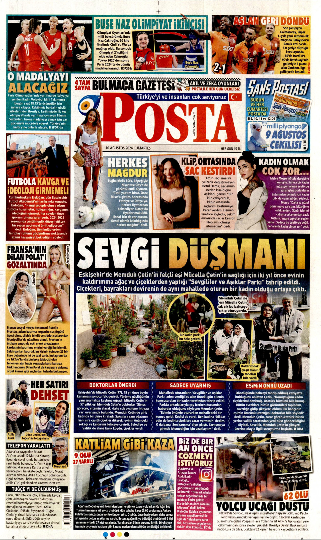 POSTA gazetesinin 10 Ağustos 2024 tarihli birinci sayfası