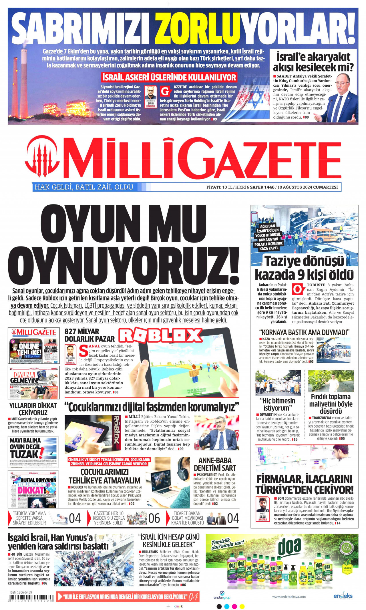 MİLLİ GAZETE gazetesinin 10 Ağustos 2024 tarihli birinci sayfası