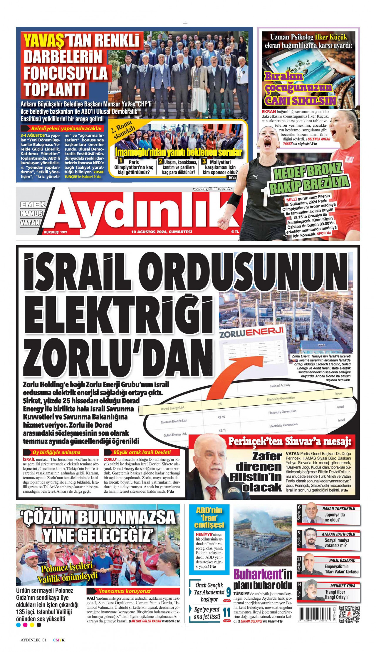 AYDINLIK GAZETESİ gazetesinin 10 Ağustos 2024 tarihli birinci sayfası