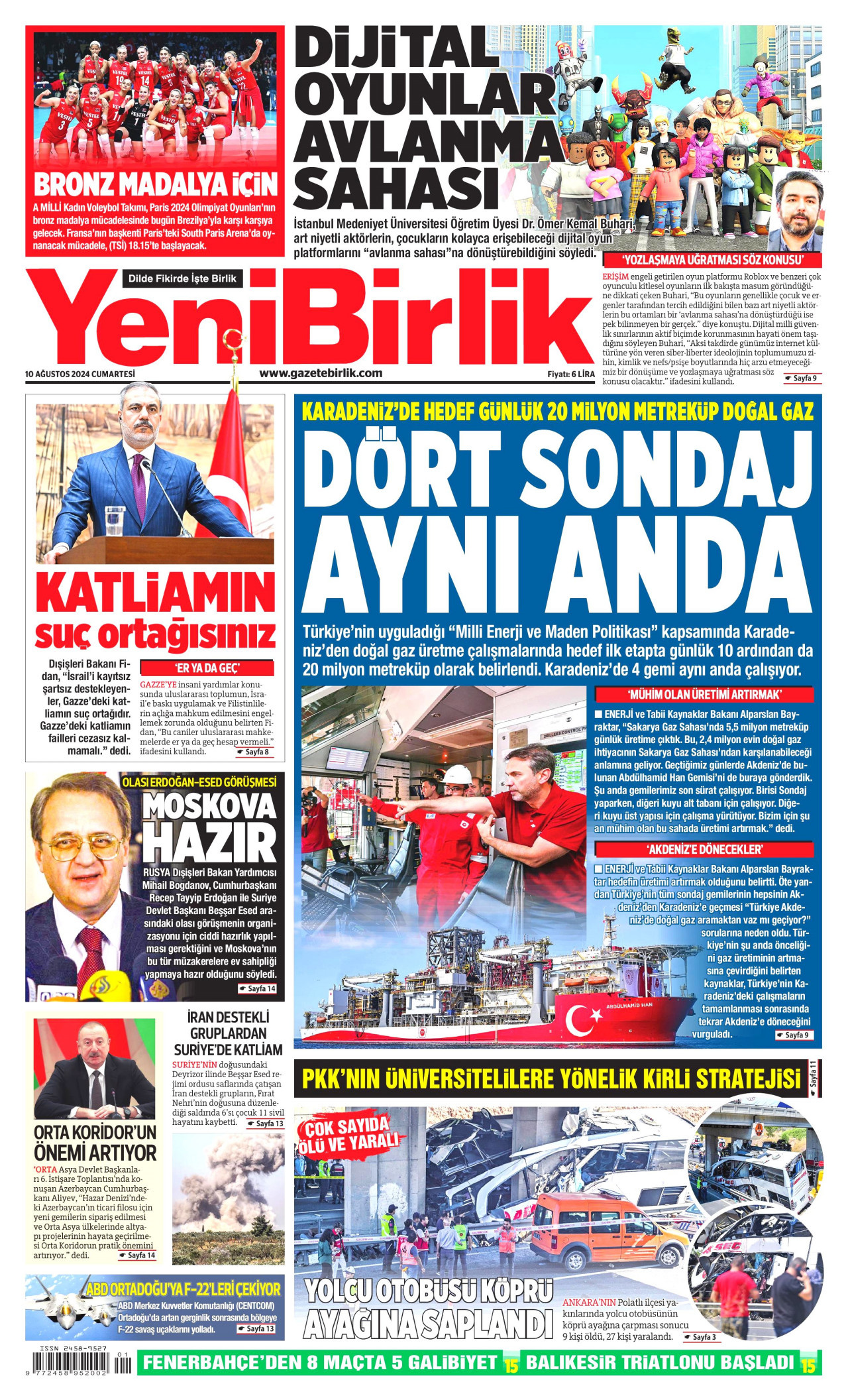 YENİBİRLİK gazetesinin 10 Ağustos 2024 tarihli birinci sayfası