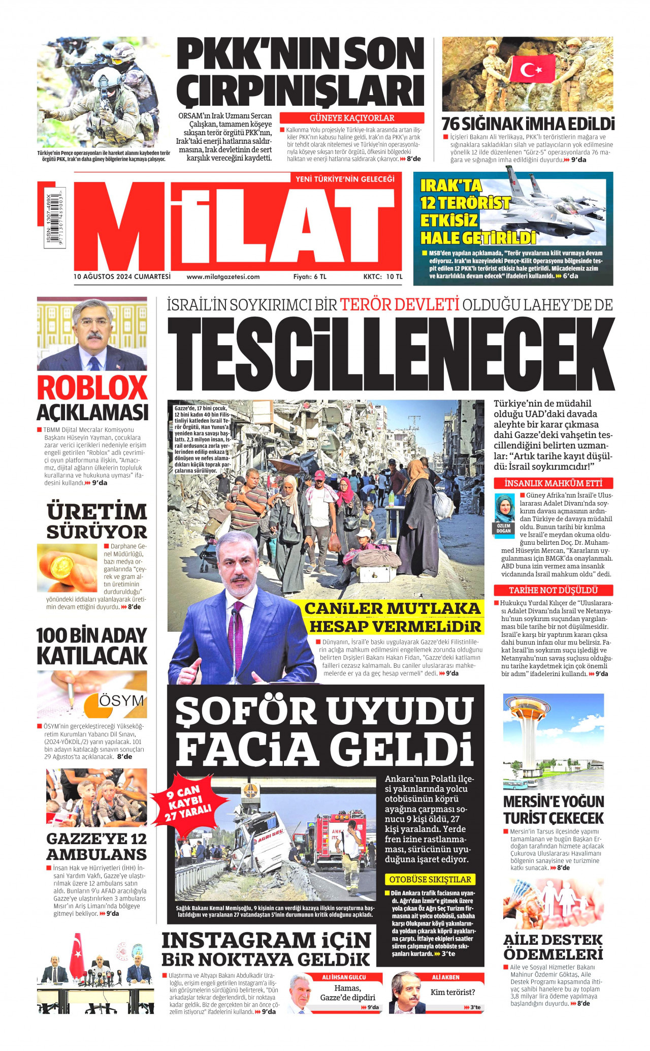 MİLAT gazetesinin 10 Ağustos 2024 tarihli birinci sayfası