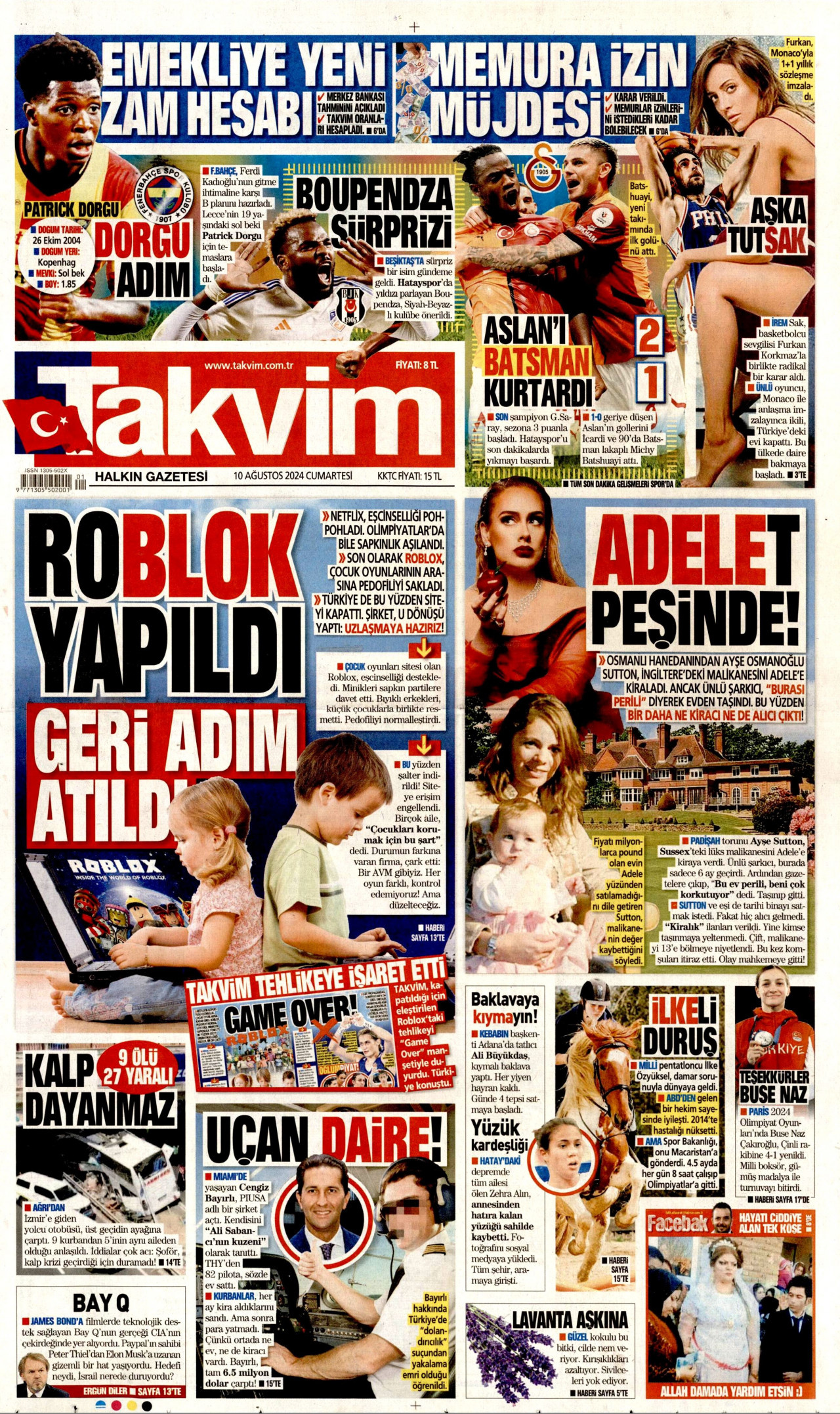 TAKVİM gazetesinin 10 Ağustos 2024 tarihli birinci sayfası