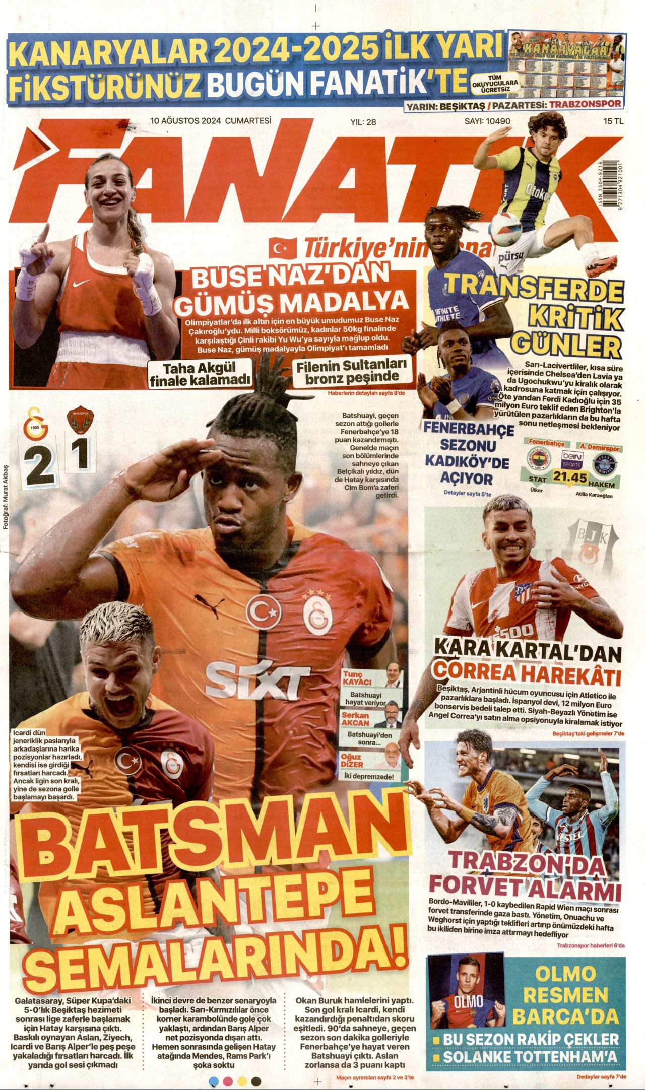 FANATİK gazetesinin 10 Ağustos 2024 tarihli birinci sayfası