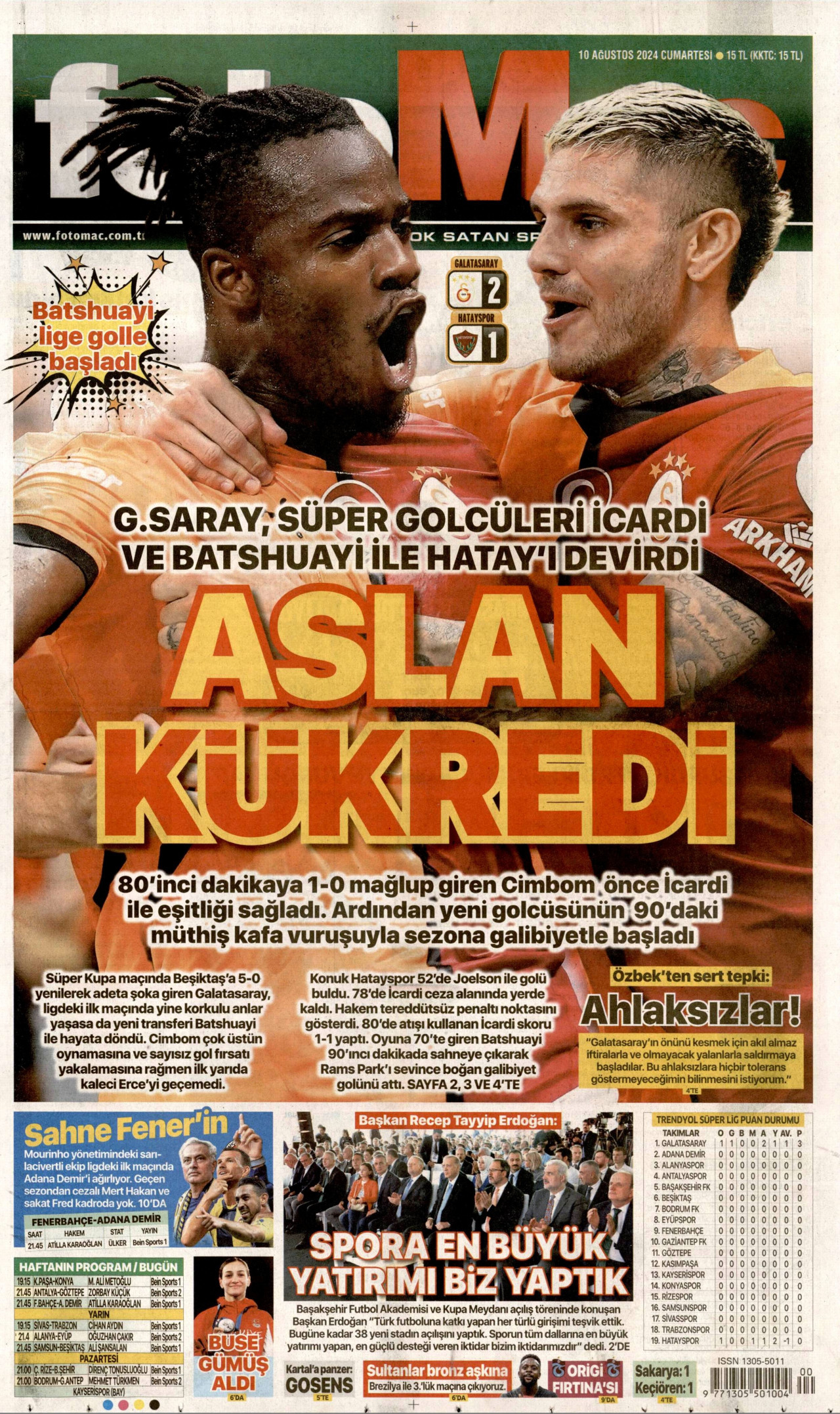FOTOMAÇ gazetesinin 10 Ağustos 2024 tarihli birinci sayfası