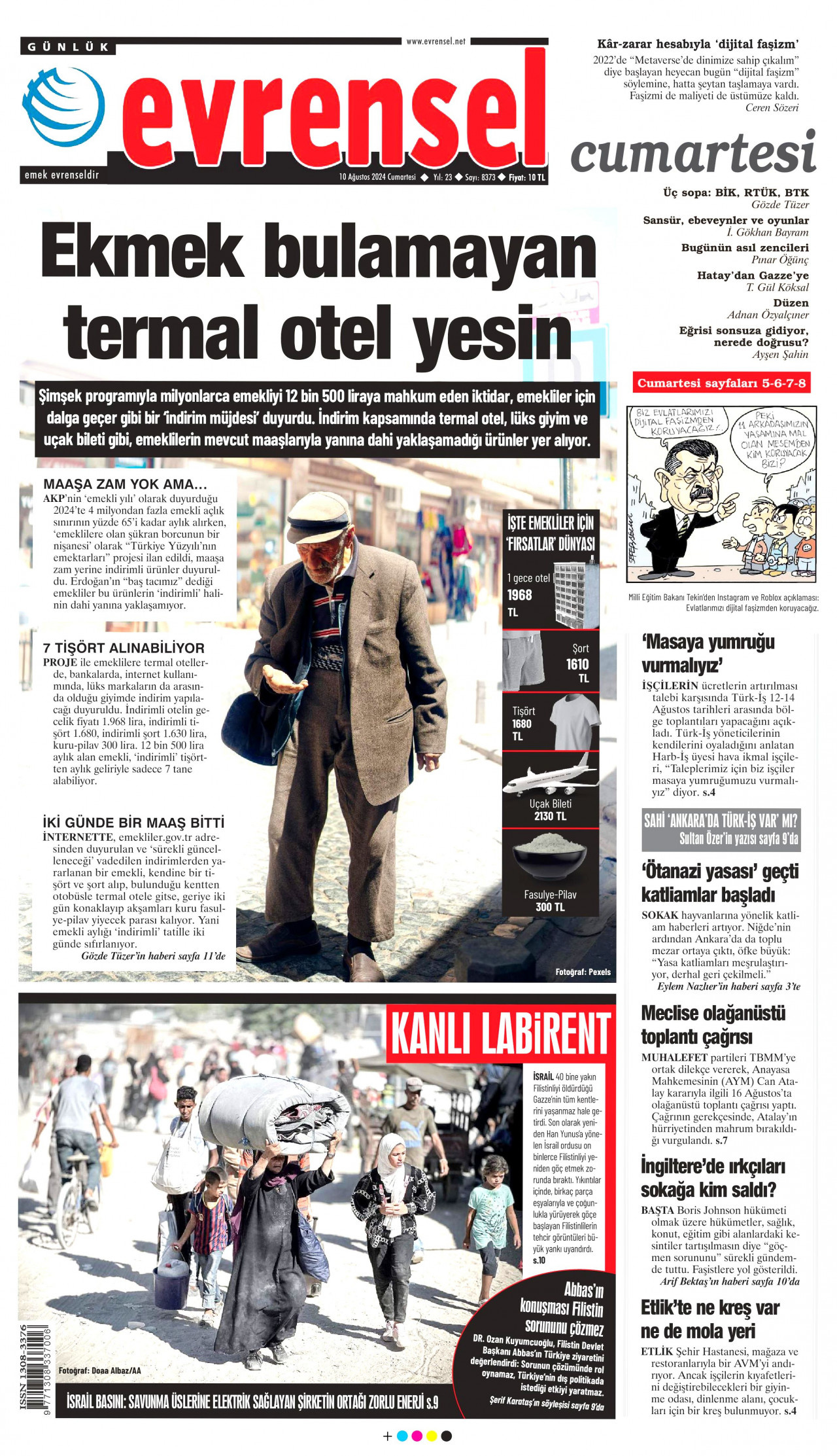 EVRENSEL gazetesinin 10 Ağustos 2024 tarihli birinci sayfası