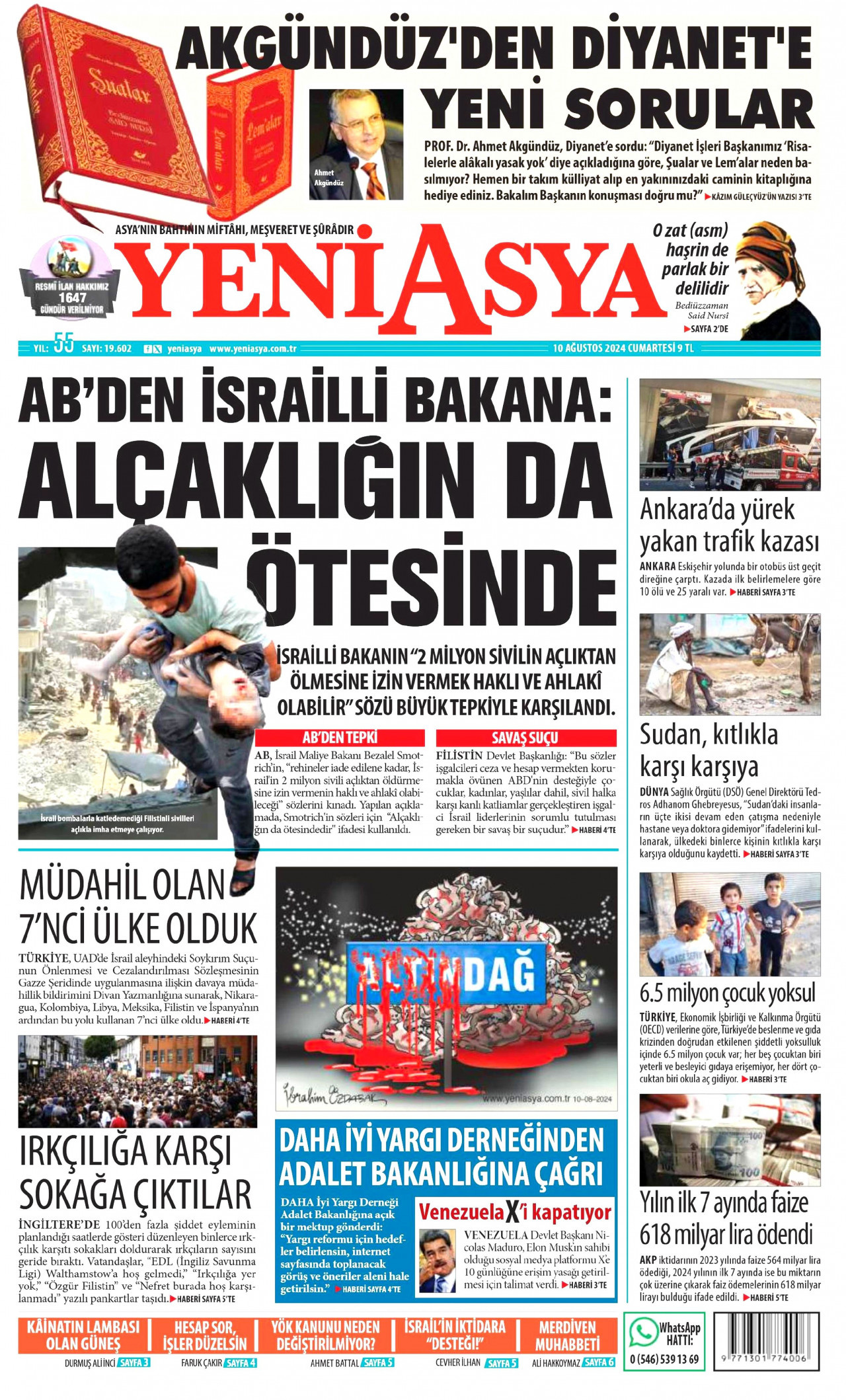 YENİ ASYA gazetesinin 10 Ağustos 2024 tarihli birinci sayfası