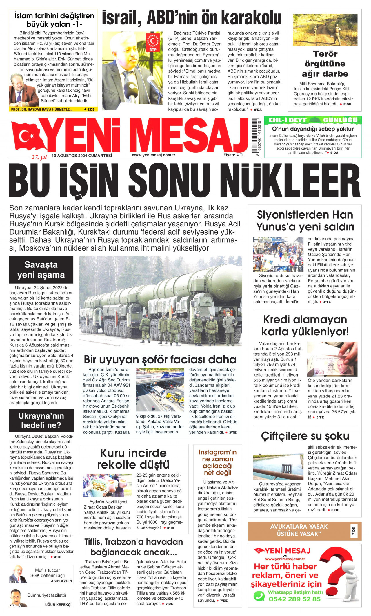 YENİ MESAJ gazetesinin 10 Ağustos 2024 tarihli birinci sayfası