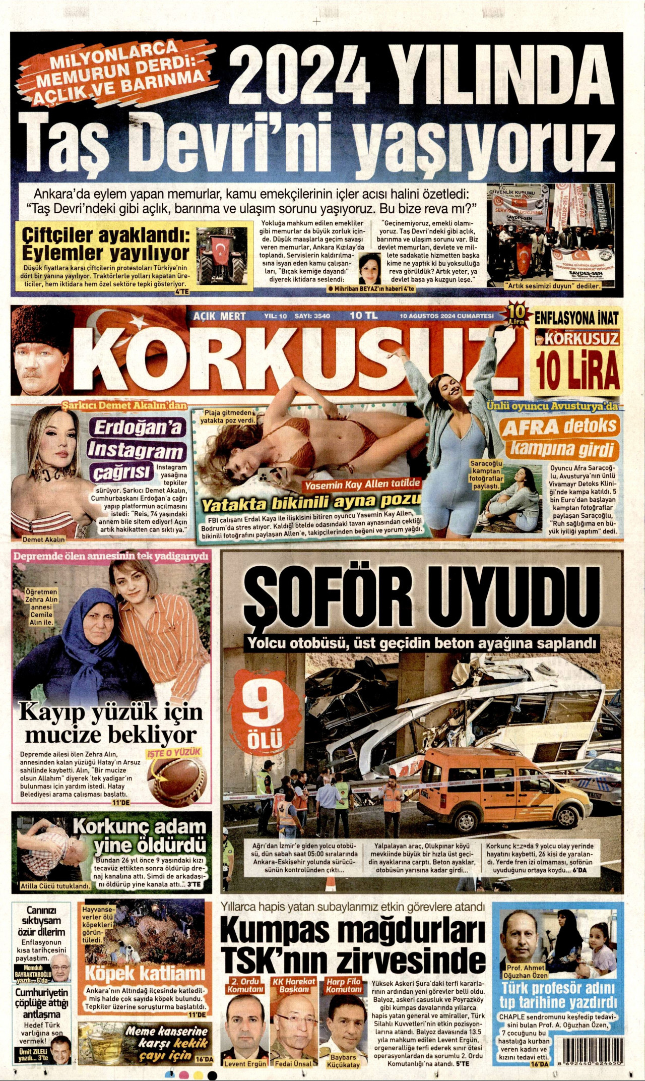 KORKUSUZ gazetesinin 10 Ağustos 2024 tarihli birinci sayfası