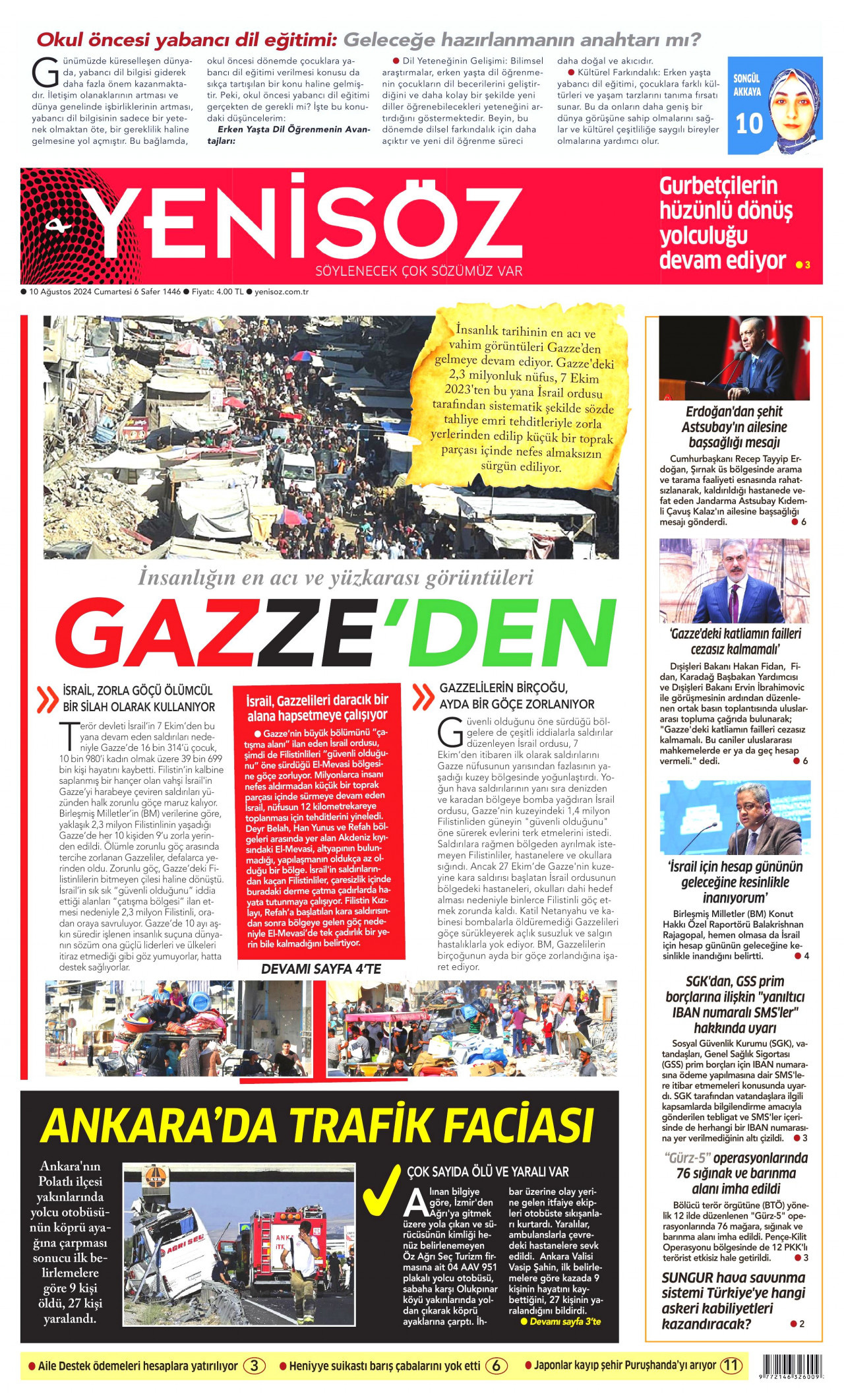 YENİ SÖZ GAZETESİ gazetesinin 10 Ağustos 2024 tarihli birinci sayfası